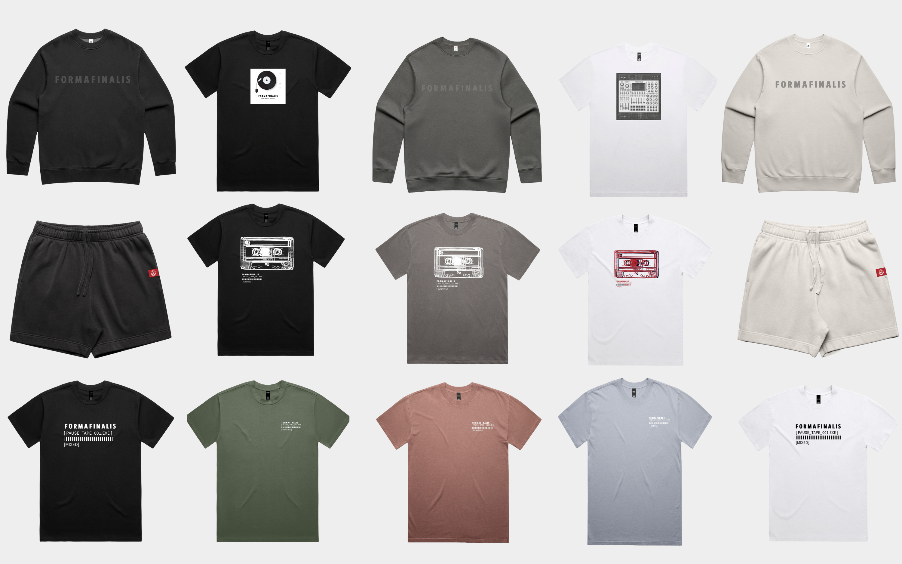 SS25 Pause Tape collection collage featuring limited-edition streetwear capsule: graphic tees, oversized hoodies, summer shorts, cassette tape prints on premium cotton, unisex relaxed silhouettes for summer