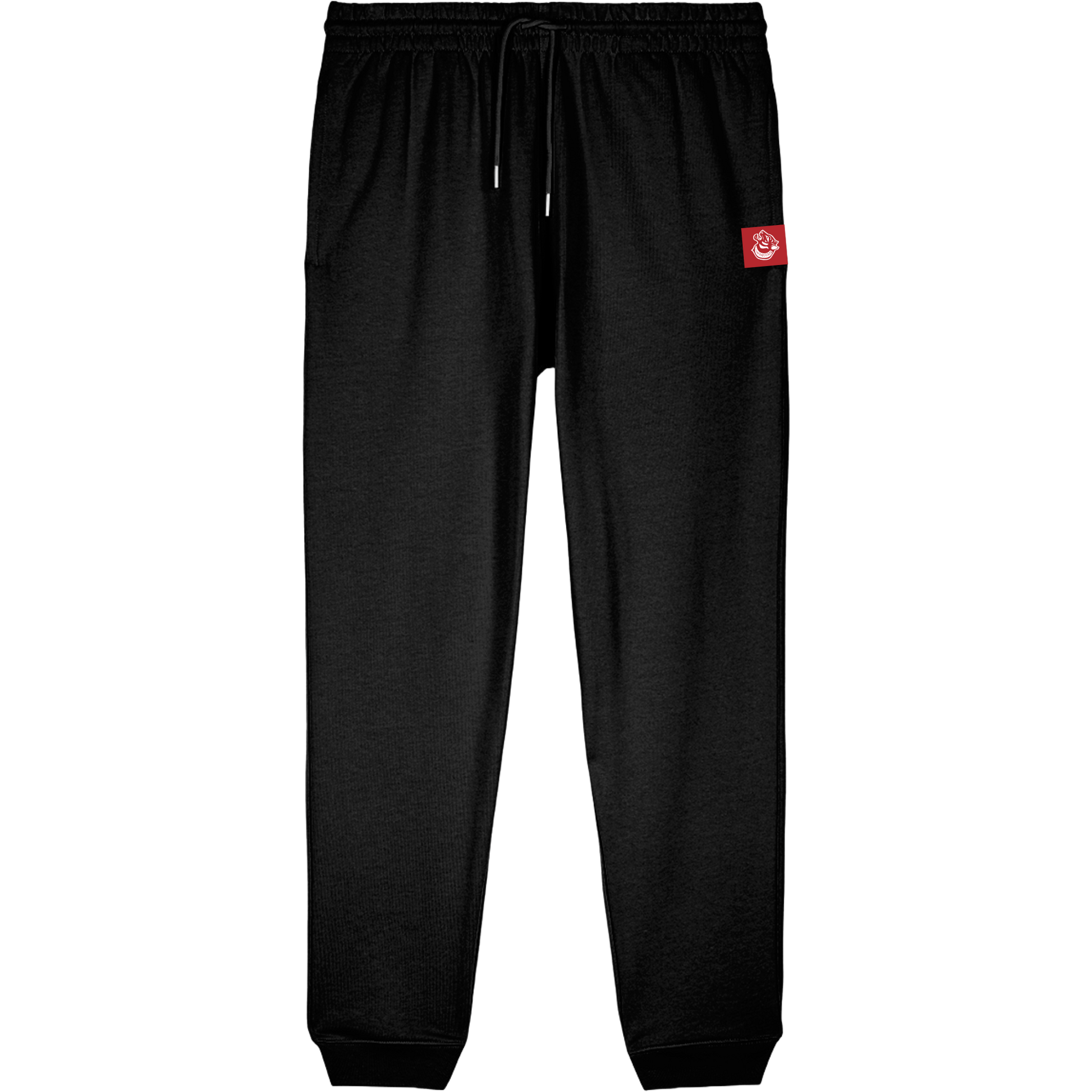Black FF Capsule cuffed joggers showing rear welt pocket and metal-tipped drawcord, embodying minimalist streetwear. Organic Cotton 320GSM mid-heavy weight.