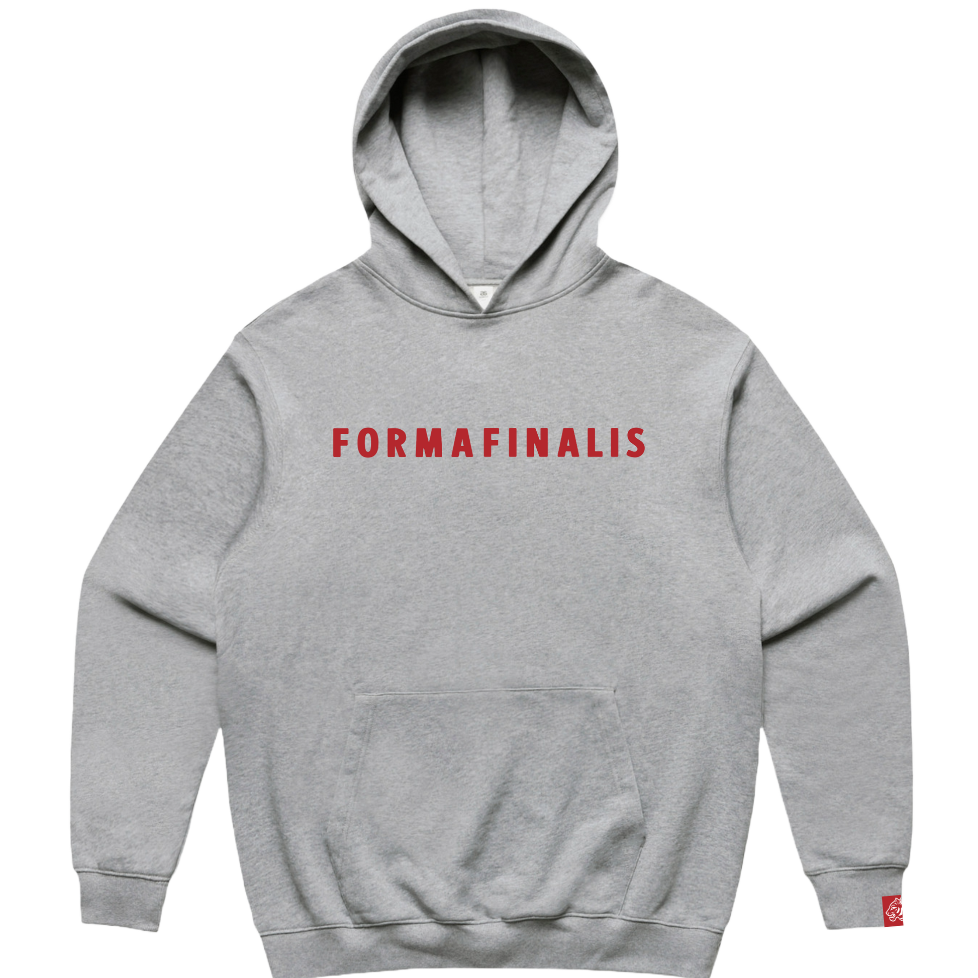 “SS25 FormaFinalis heavy hoodie in Heather Grey – oversized pullover, contrasting wordmark embroidery accross chest, knit cuffs and hem, discreet embroided tiger head logo on sleeve.