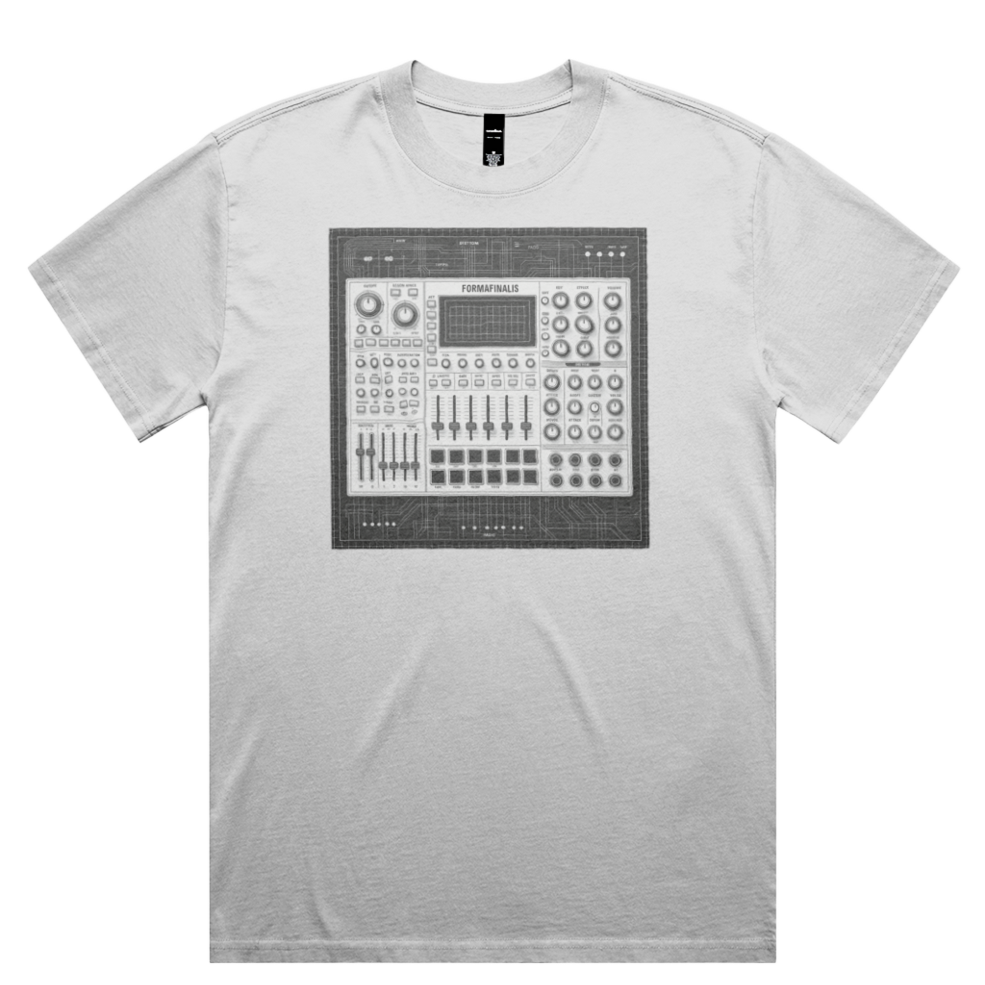 Faded white Sampler Graphic tee – oversized fit with heavyweight 240 GSM cotton
- Front view Graphic Sampler in brutalist grey schematic print –
FormaFinalis music machine tribute shirt in vintage fade