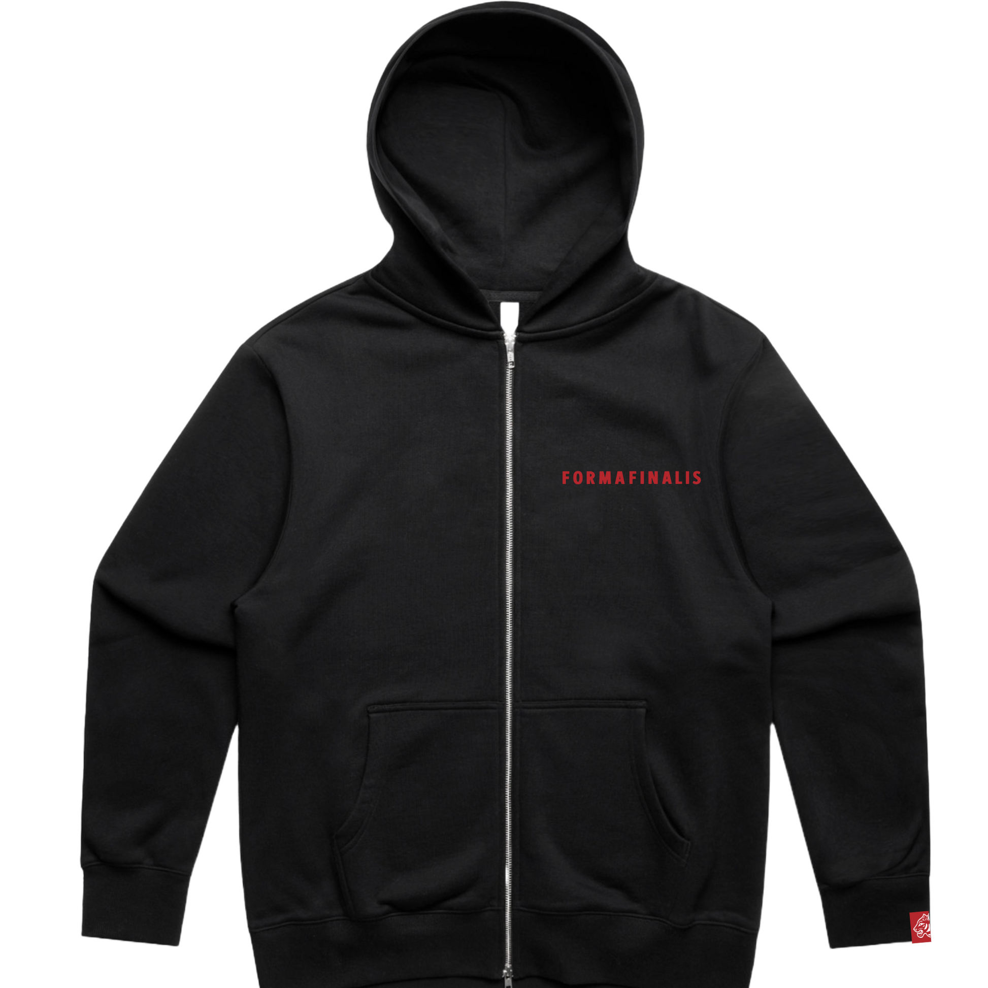 FF Capsule Zip Hoodie in Black — heavyweight 400 GSM fleece with no-drawcord hood and tonal ribbing. 2-way YKK zipper, tail of embroidered FormaFinalis wordmark on left chest, FF tiger logo patch on sleeve cuff