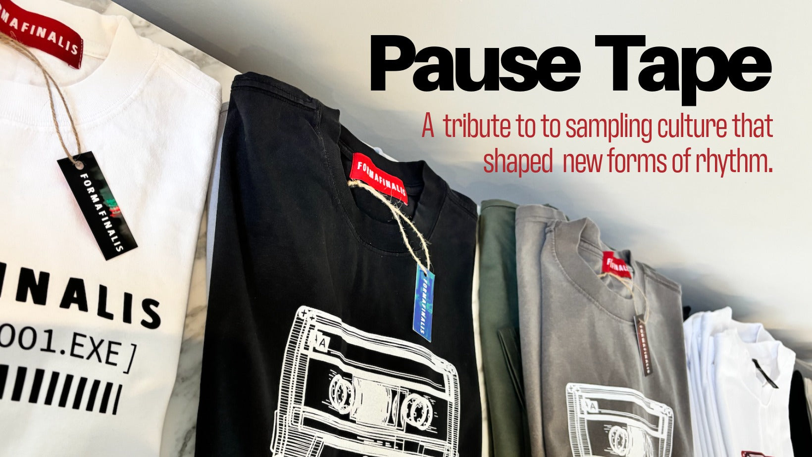 SS25 Pause Tape collection collage featuring limited-edition streetwear capsule: graphic tees, oversized hoodies, summer shorts, cassette tape prints on premium cotton, unisex relaxed silhouettes for summer