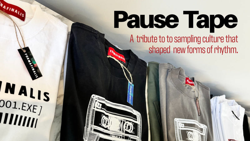 SS25 Pause Tape collection collage featuring limited-edition streetwear capsule: graphic tees, oversized hoodies, summer shorts, cassette tape prints on premium cotton, unisex relaxed silhouettes for summer