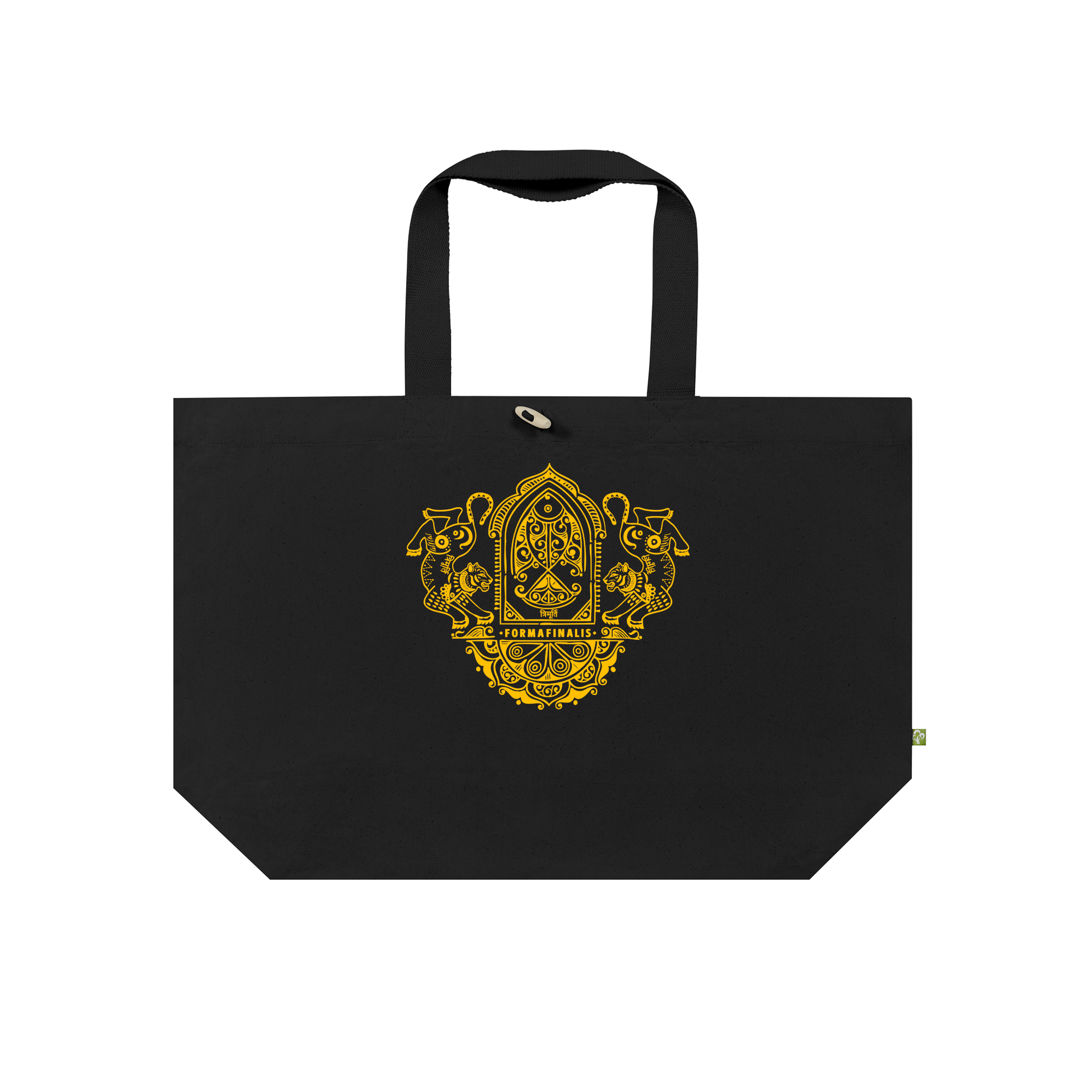 - Double sided graphic print on large Canvas Organic Tote by FormsFinalis.  Ornate Twin Tiger design – Black Cotton Canvas base, FormaFinalis wordmark on back – Fits Martial Arts Gi, Yoga Gear or Training Kit 