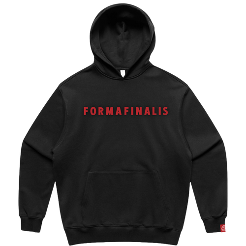 “SS25 FormaFinalis heavy hoodie in Deep Black – oversized pullover, contrasting wordmark embroidery accross chest, knit cuffs and hem, discreet embroided tiger head logo on sleeve.
