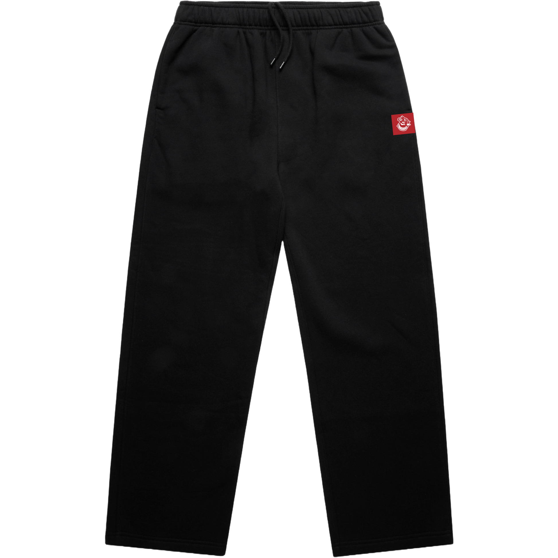 FormaFinalis FF Capsule Relaxed Cuffless Joggers in Black, 320 GSM Cotton and Recycled Polyester, soft fleece inner lining, relaxed fit falling clean from hip to hem, with elastic waistband and tonal drawcord. Discreet FF embroided logo on front pocket.  