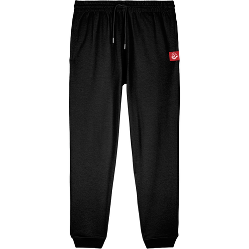 Black FF Capsule cuffed joggers showing rear welt pocket and metal-tipped drawcord, embodying minimalist streetwear.  Organic Cotton 320GSM mid-heavy weight.  