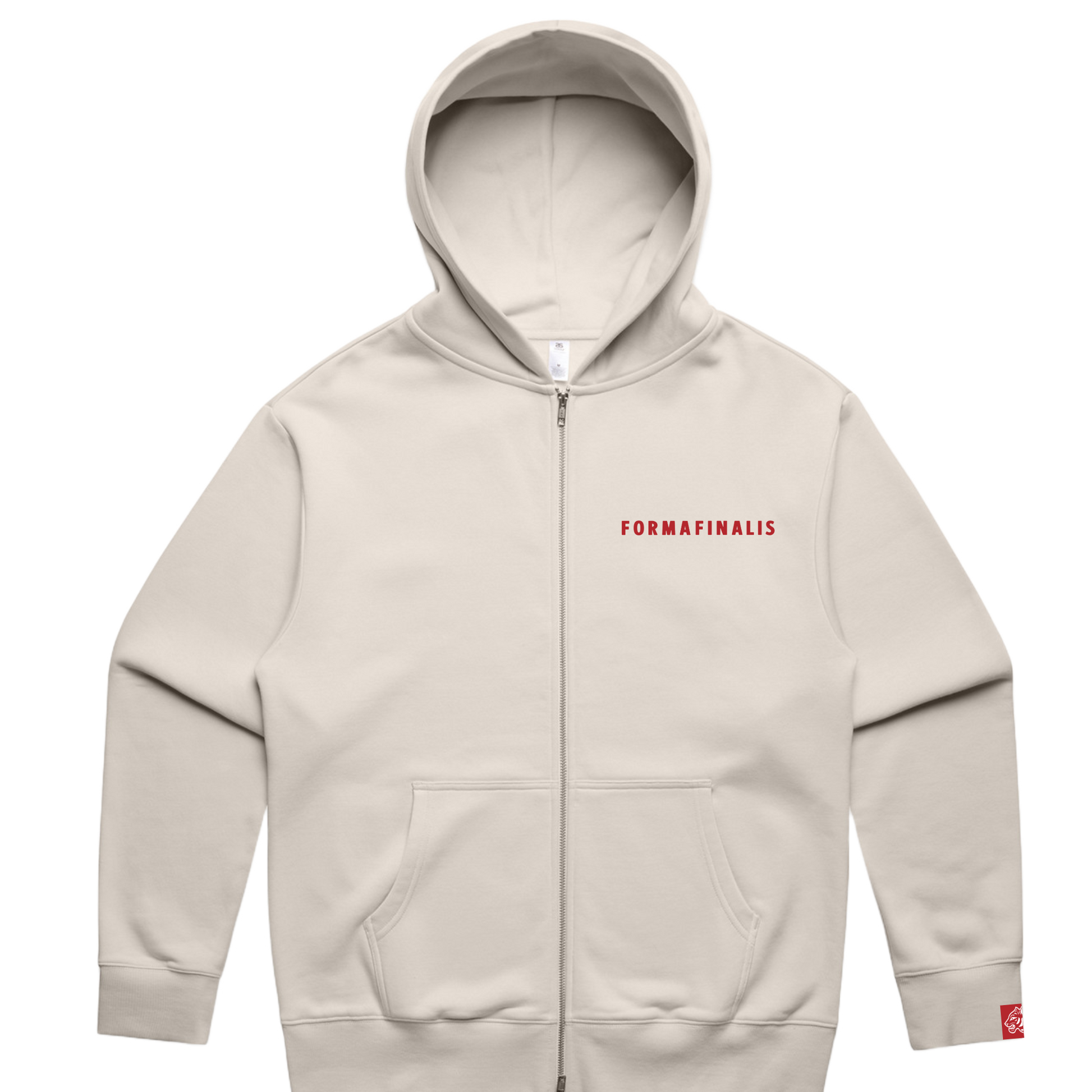 FF Capsule Zip Hoodie in Bone — heavyweight 400 GSM fleece with no-drawcord hood and tonal ribbing.  2-way YKK zipper, tail of embroidered FormaFinalis wordmark on left chest, FF tiger logo patch on sleeve cuff