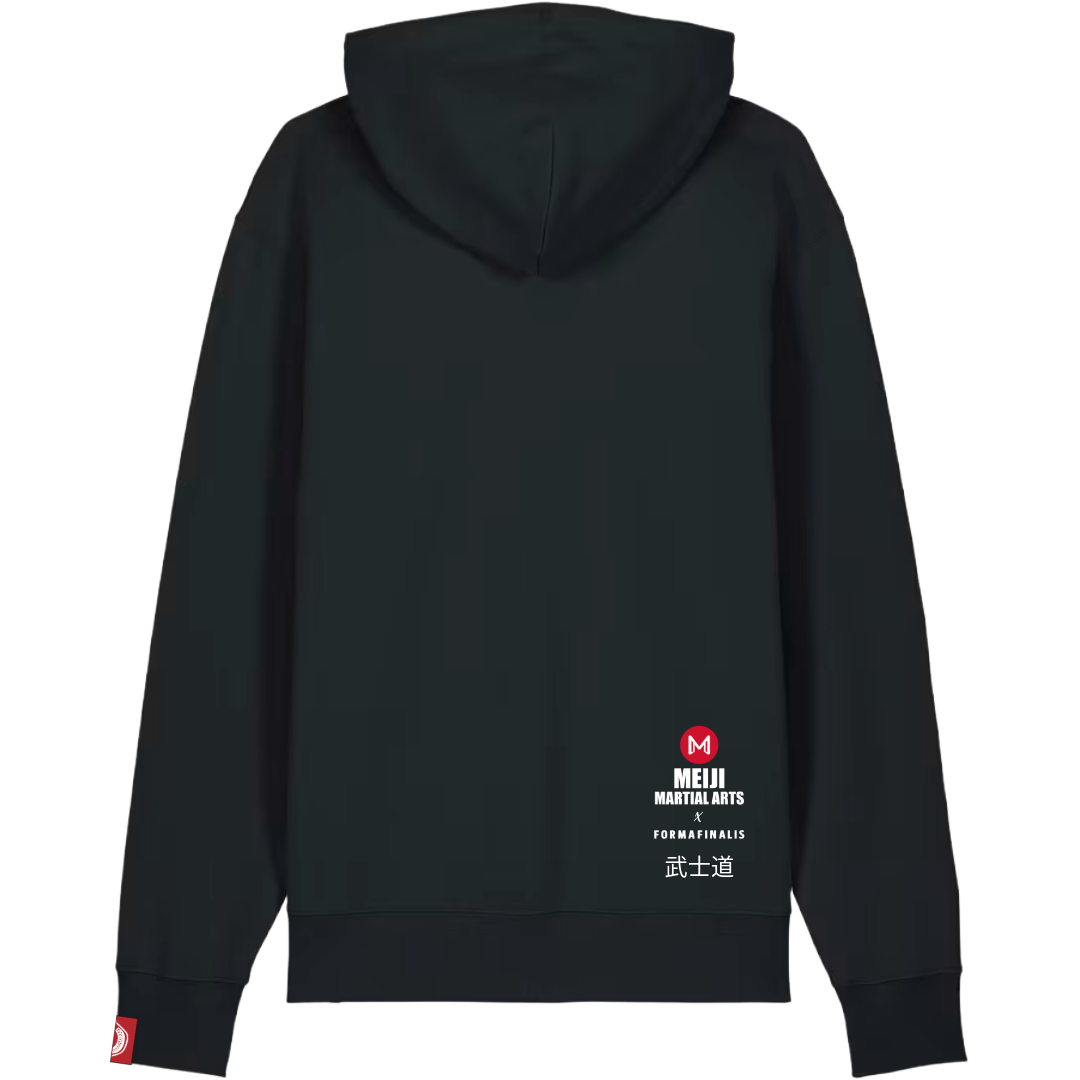Back view: Discreet co-branded Meiji Martial Arts × FormaFinalis logo with 武士道 (Bushidō) kanji.