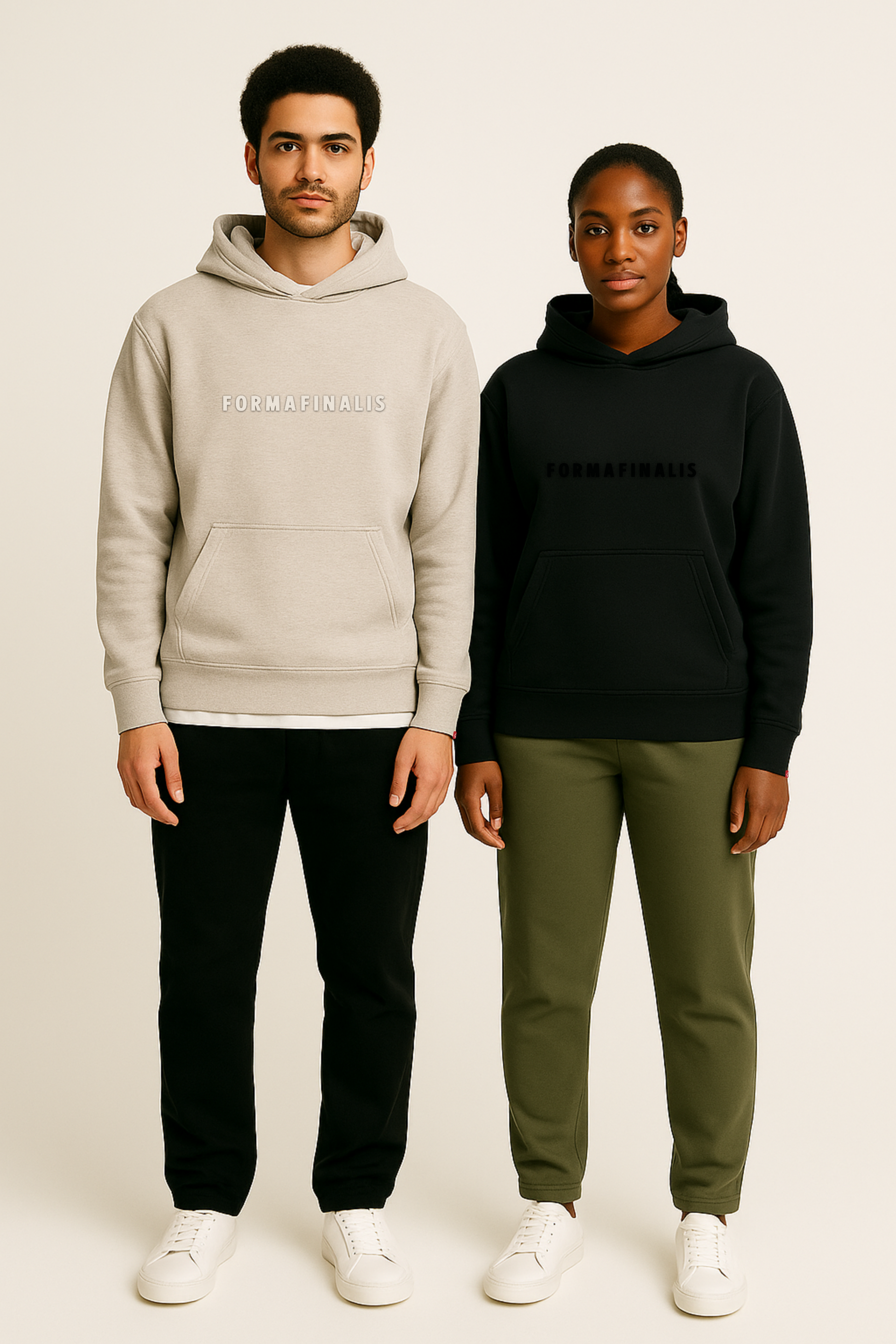 PART OF TEH FF CAPSULE COLLECTION,models wear faded bone mid weight oodie and faded black mid weight hoodie with tonal FormaFinalis wordmark.  Hoodies are paired with organic cotton cuffed joggers in black and khaki, also part of the FF capsule collection. 