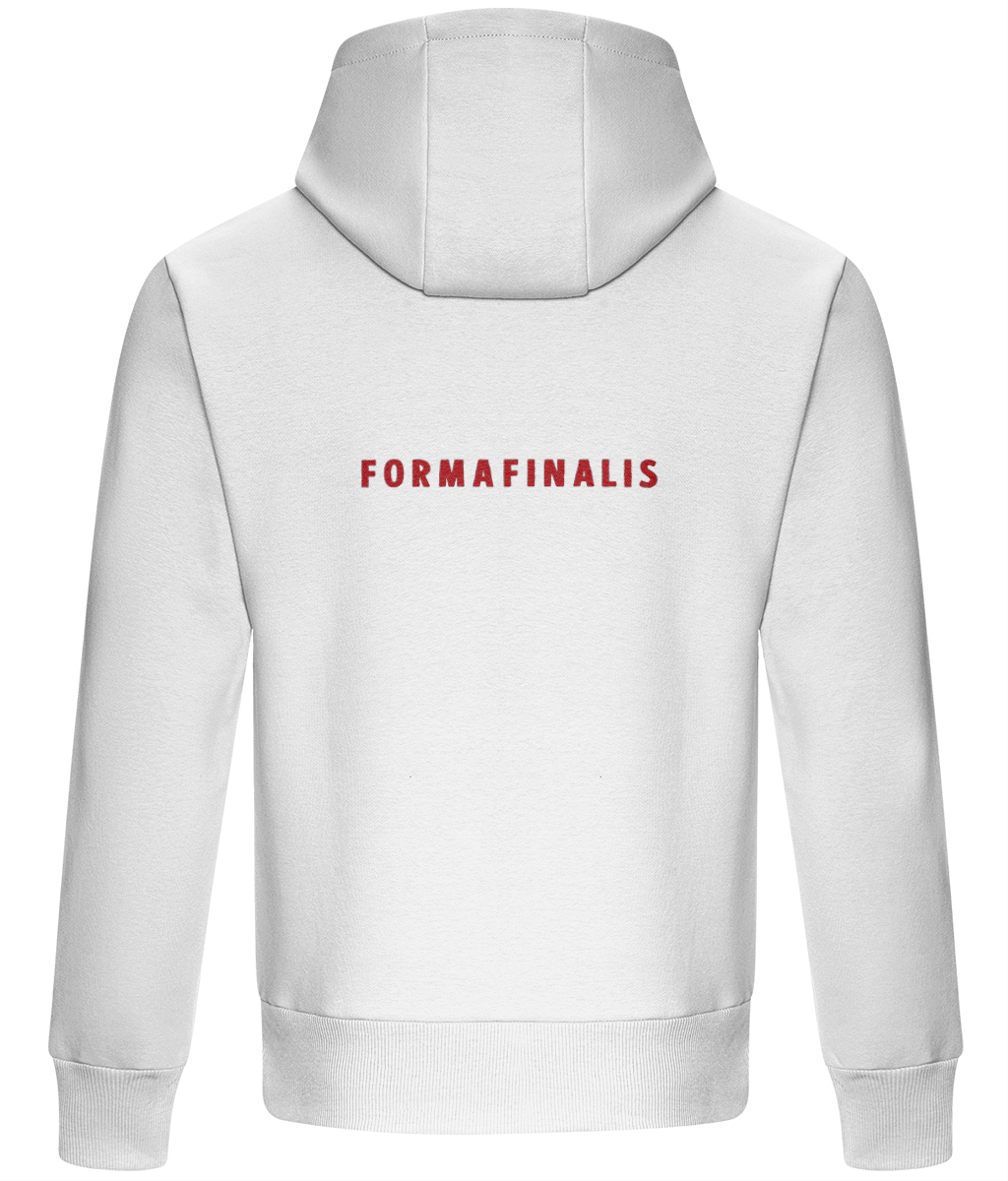 Heavy weight relaxed fit hoodie in Artic White.  440GSM heavy weight cotton rich with brushed fleece inner lining.  Embroidered FormaFinalis classic tiger crest front chest.  FormaFinalis word mark on back.