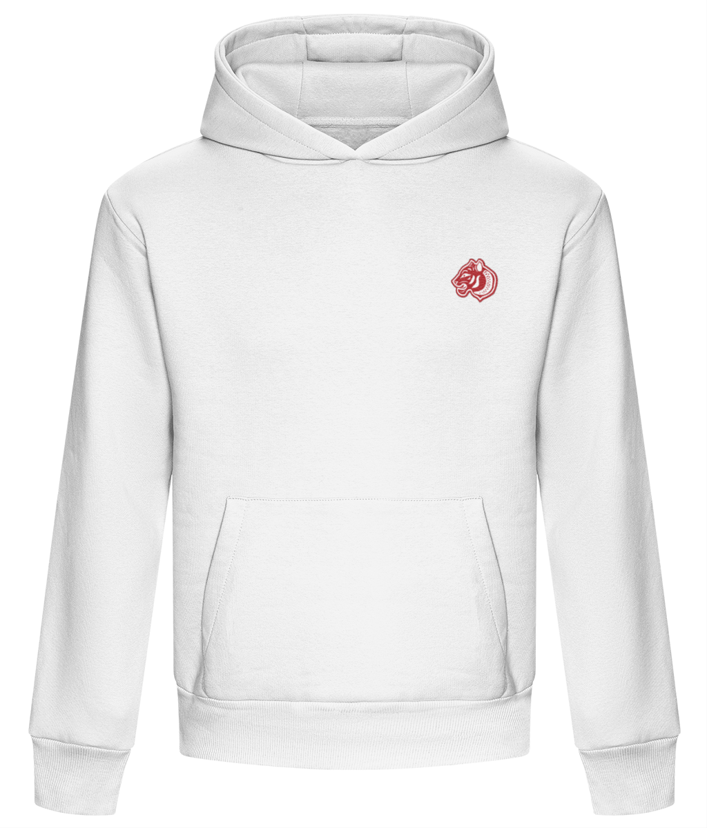 Heavy weight relaxed fit hoodie in Artic White.  440GSM heavy weight cotton rich with brushed fleece inner lining.  Embroidered FormaFinalis classic tiger crest front chest.  FormaFinalis word mark on back.