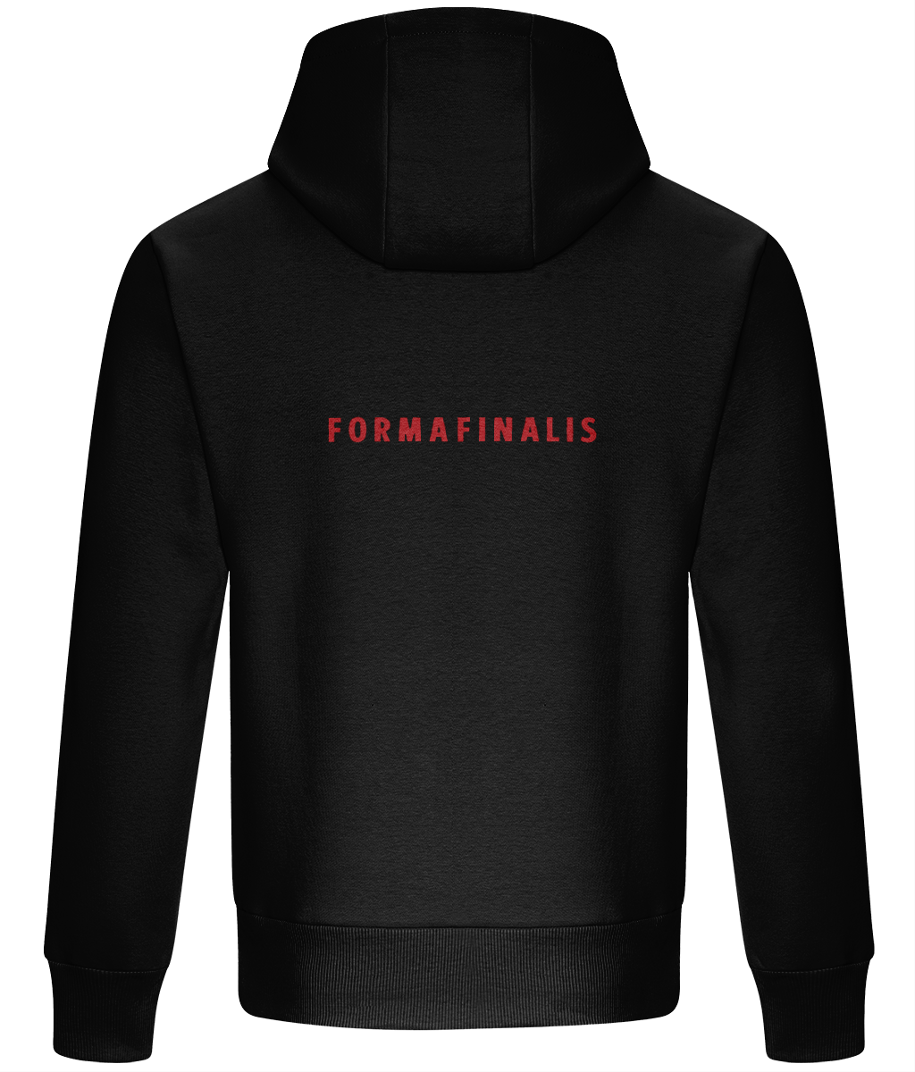 Heavy weight relaxed fit hoodie in deep black.  440GSM heavy weight cotton rich with brushed fleece inner lining.  Embroidered FormaFinalis classic tiger crest front chest.  FormaFinalis word mark on back.