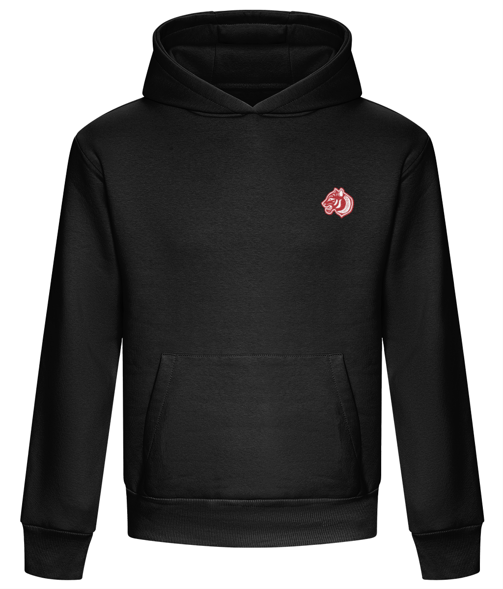 Heavy weight relaxed fit hoodie in deep blackWhite.  440GSM heavy weight cotton rich with brushed fleece inner lining.  Embroidered FormaFinalis classic tiger crest front chest.  FormaFinalis word mark on back.