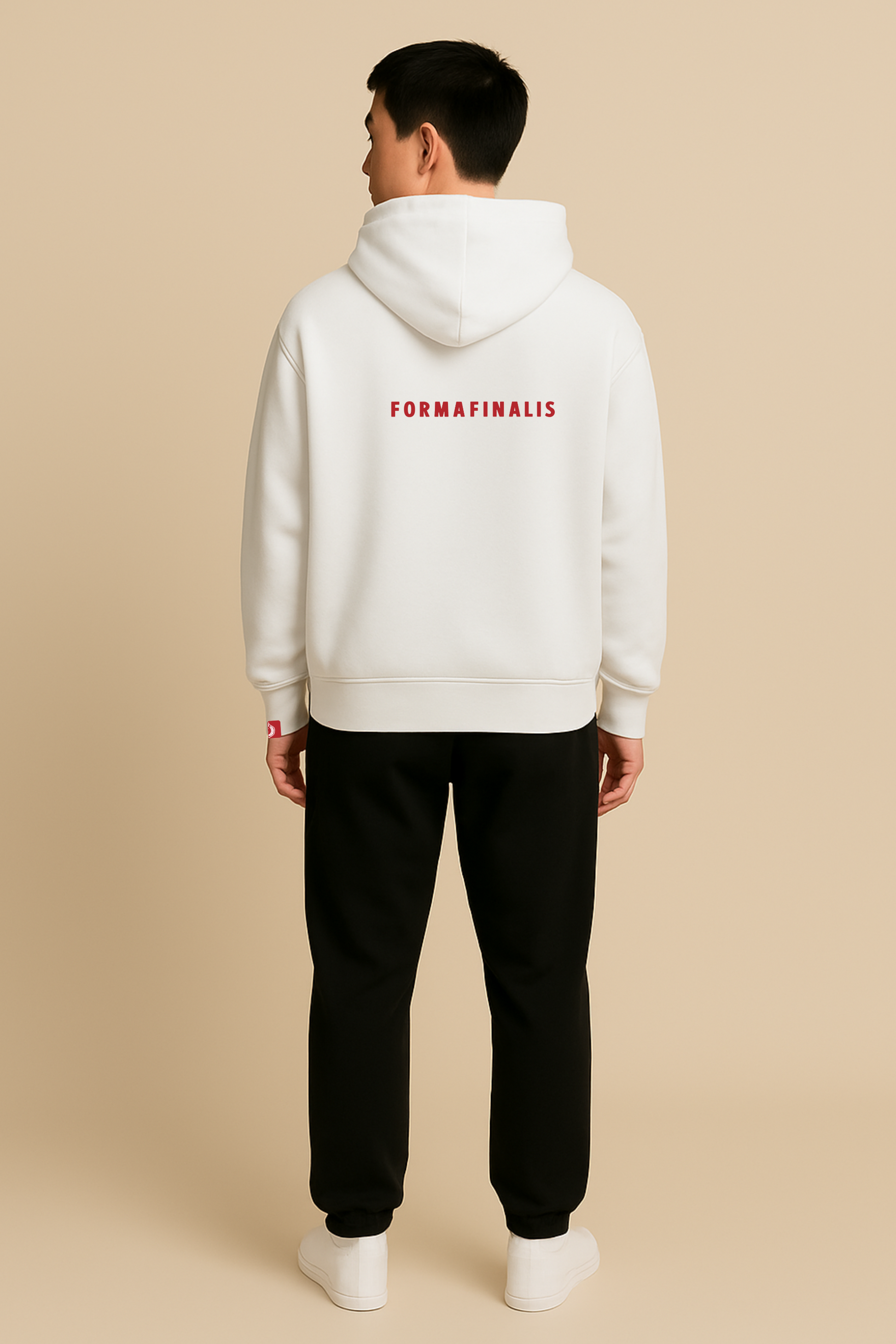 Model wears Heavy weight relaxed fit hoodie in artic white.  440GSM heavy weight cotton rich with brushed fleece inner lining.  Embroidered FormaFinalis classic tiger crest front chest.  FormaFinalis word mark on back.
