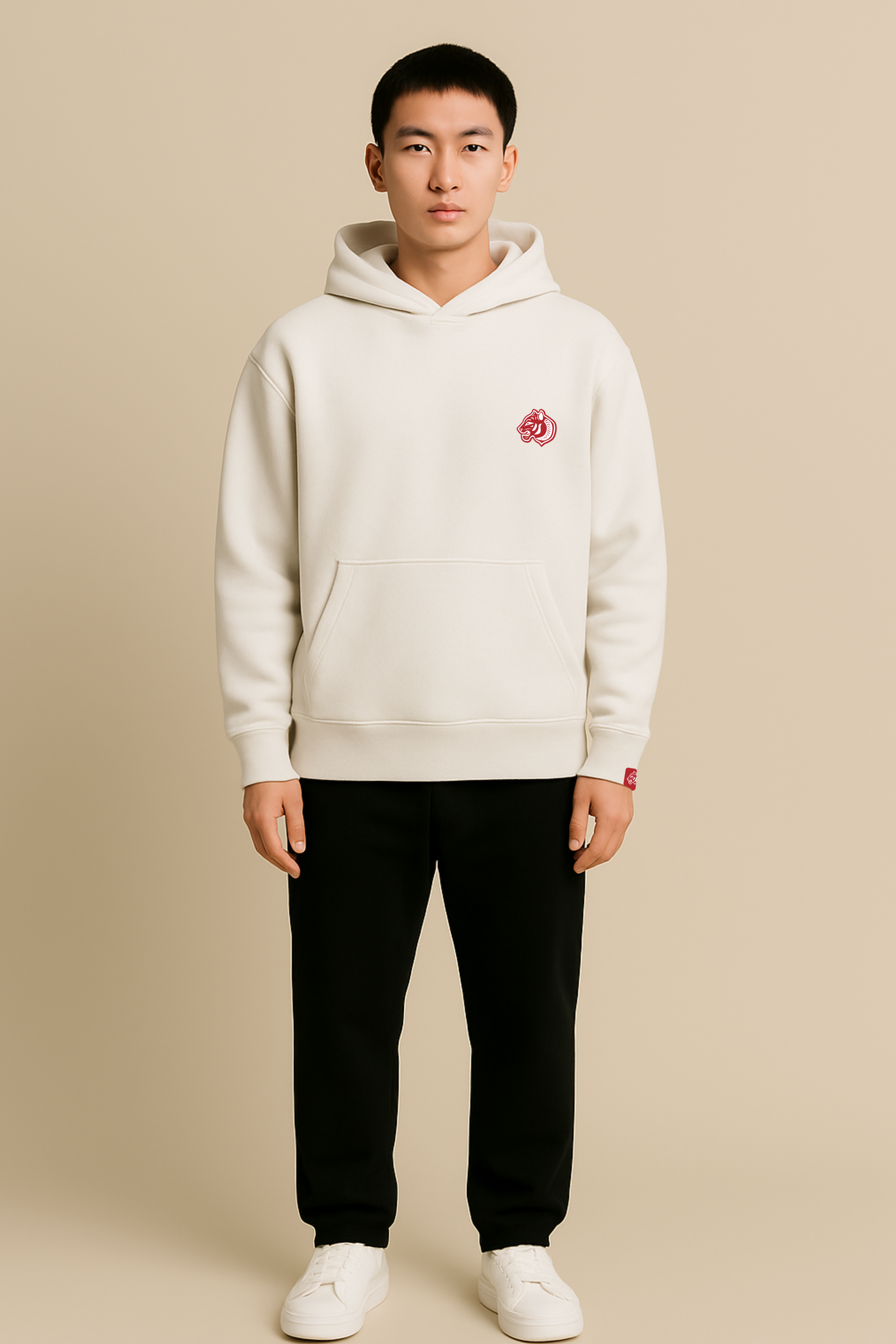 Model wears Heavy weight relaxed fit hoodie in artic white.  440GSM heavy weight cotton rich with brushed fleece inner lining.  Embroidered FormaFinalis classic tiger crest front chest.  FormaFinalis word mark on back.