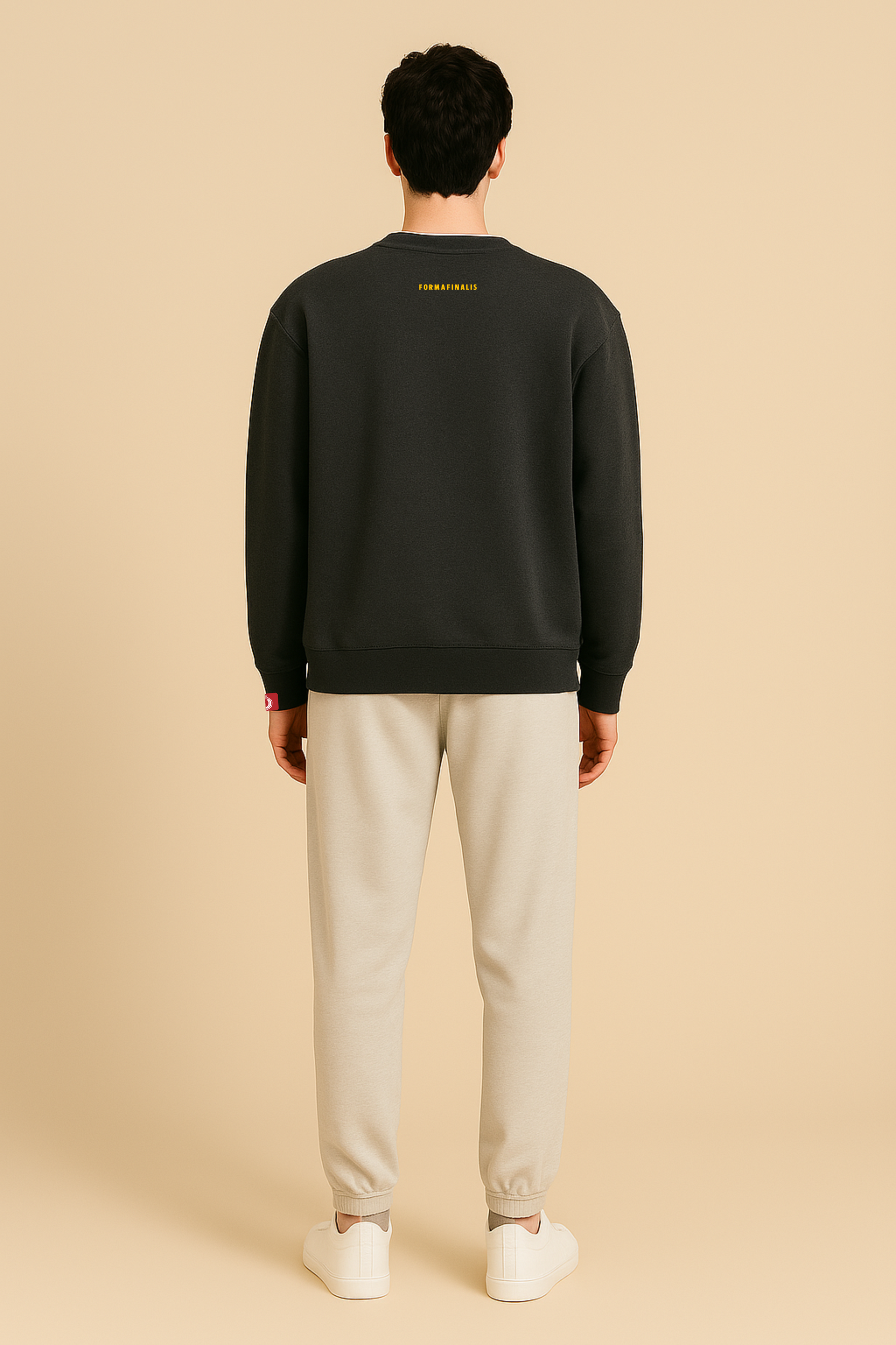 Model wears - Classic Logo Sweatshirt – Charcoal Grey – Embroidered Golden Tiger crest front on left chest  – Embroidered FormaFinalis wordmark back neck line
- Oversized Streetwear Crewneck – 440GSM – cotton mix 