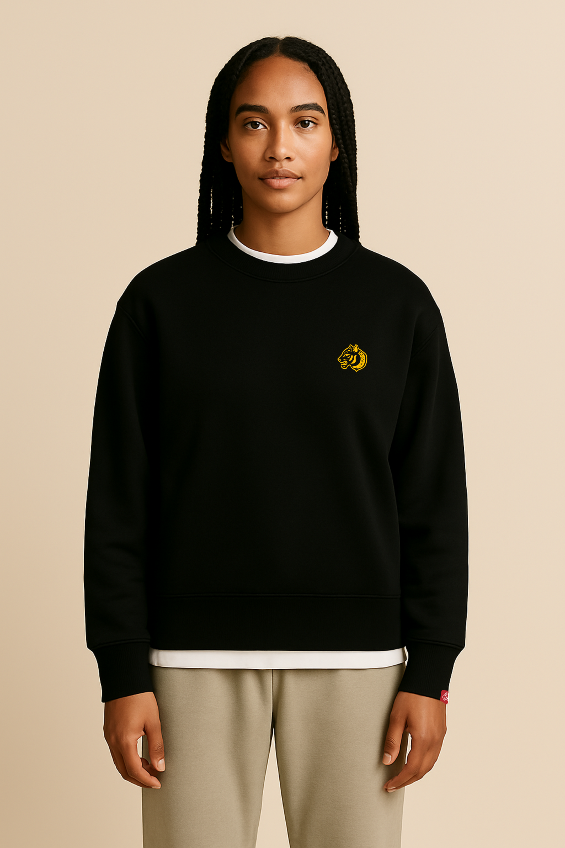 Model wears - Classic Logo Sweatshirt – Deep Black – Embroidered Golden Tiger crest front on left chest  – Embroidered FormaFinalis wordmark back neck line
- Oversized Streetwear Crewneck – 440GSM – cotton mix 
