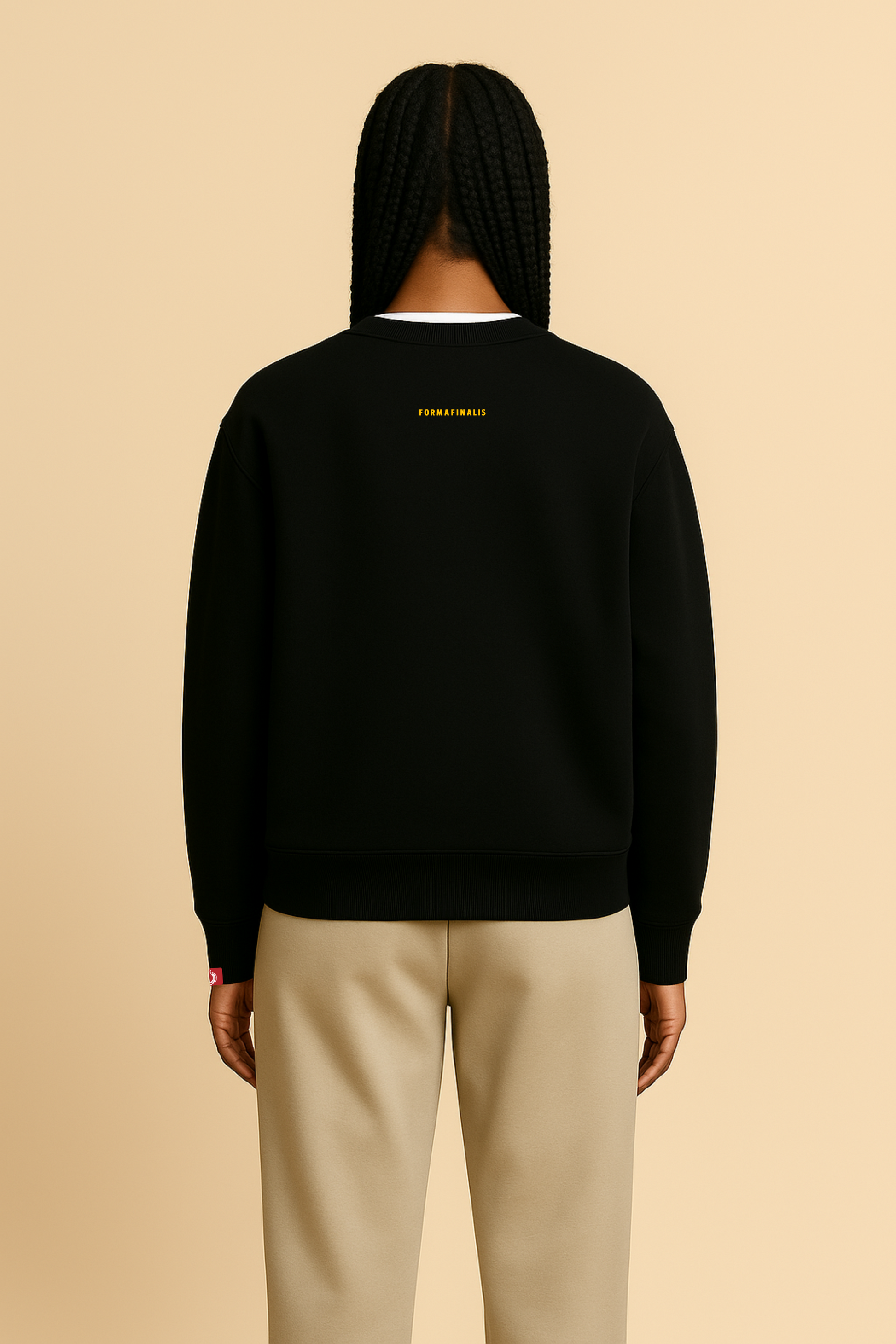 Model wears Classic Logo Sweatshirt – Deep Black – Embroidered Golden Tiger crest front on left chest  – Embroidered FormaFinalis wordmark back neck line
- Oversized Streetwear Crewneck – 440GSM – cotton mix 