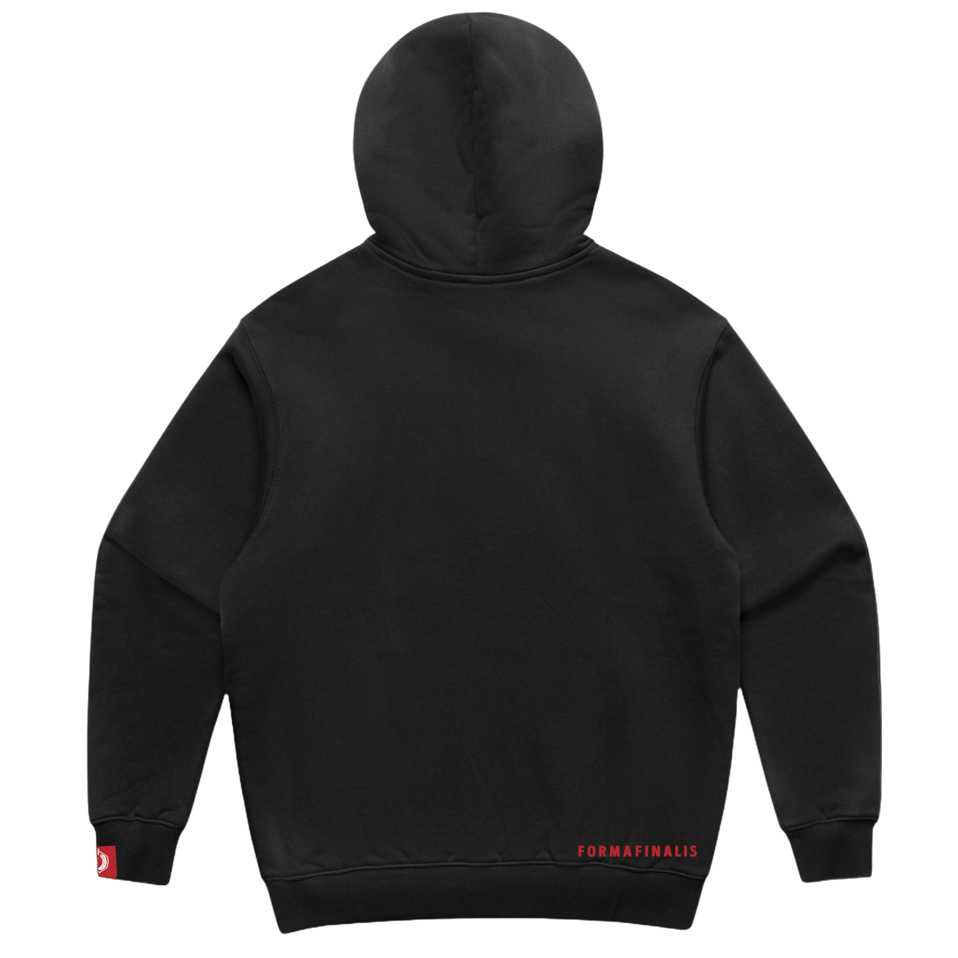 Heavy Weight Cotton Hoodie.  Black hoodie with red embroidery.  Large embroidered ornate  twin tiger motif on front, discreet FormaFinalis word mark embroidered on back.     