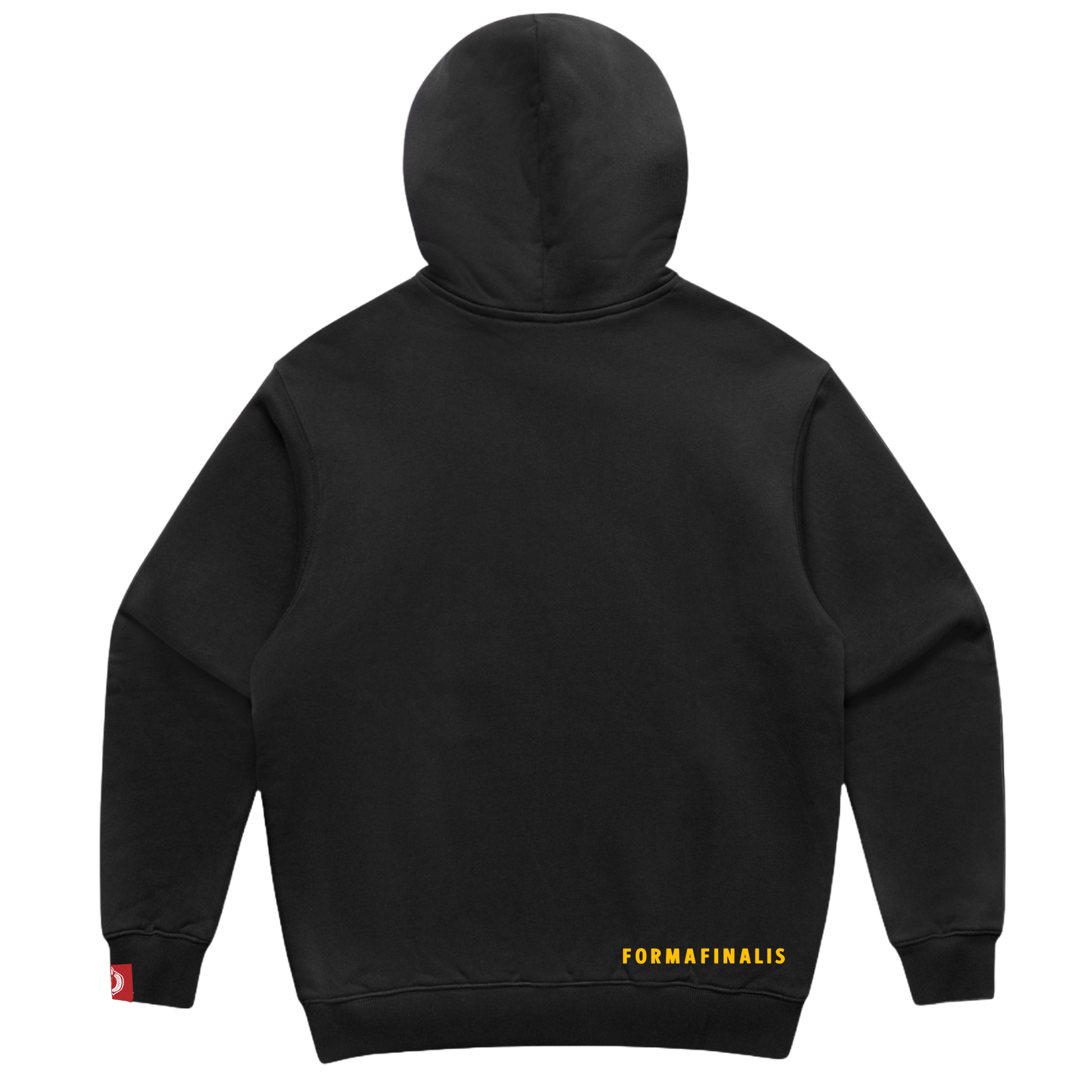 Heavy Weight Cotton Hoodie.  Black hoodie with gold embroidery.  Large embroidered ornate  twin tiger motif on front, discreet FormaFinalis word mark embroidered on back.    