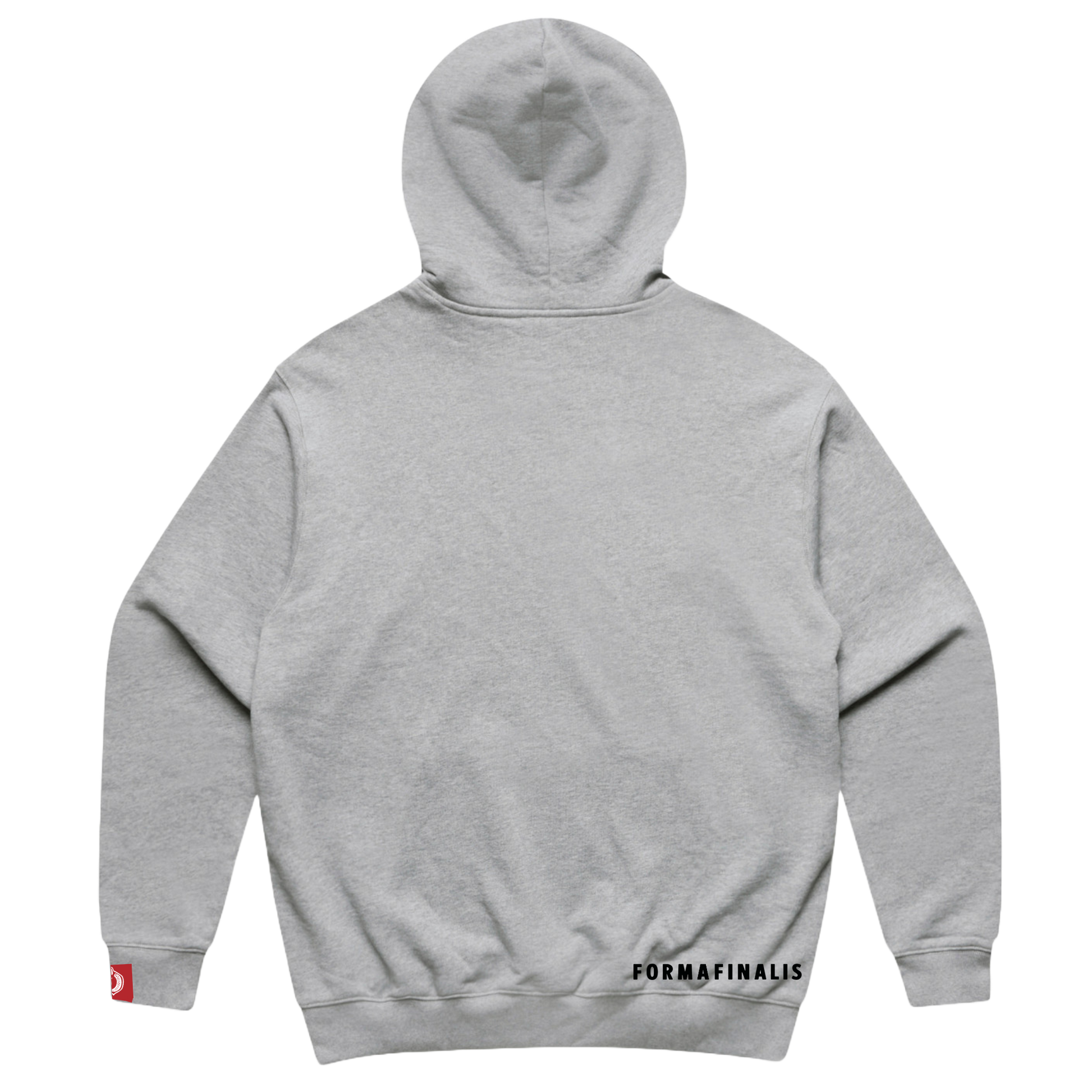 Heavy Weight Cotton Hoodie.  Grey hoodie with black embroidery.  Large embroidered ornate  twin tiger motif on front, discreet FormaFinalis word mark embroidered on back.    