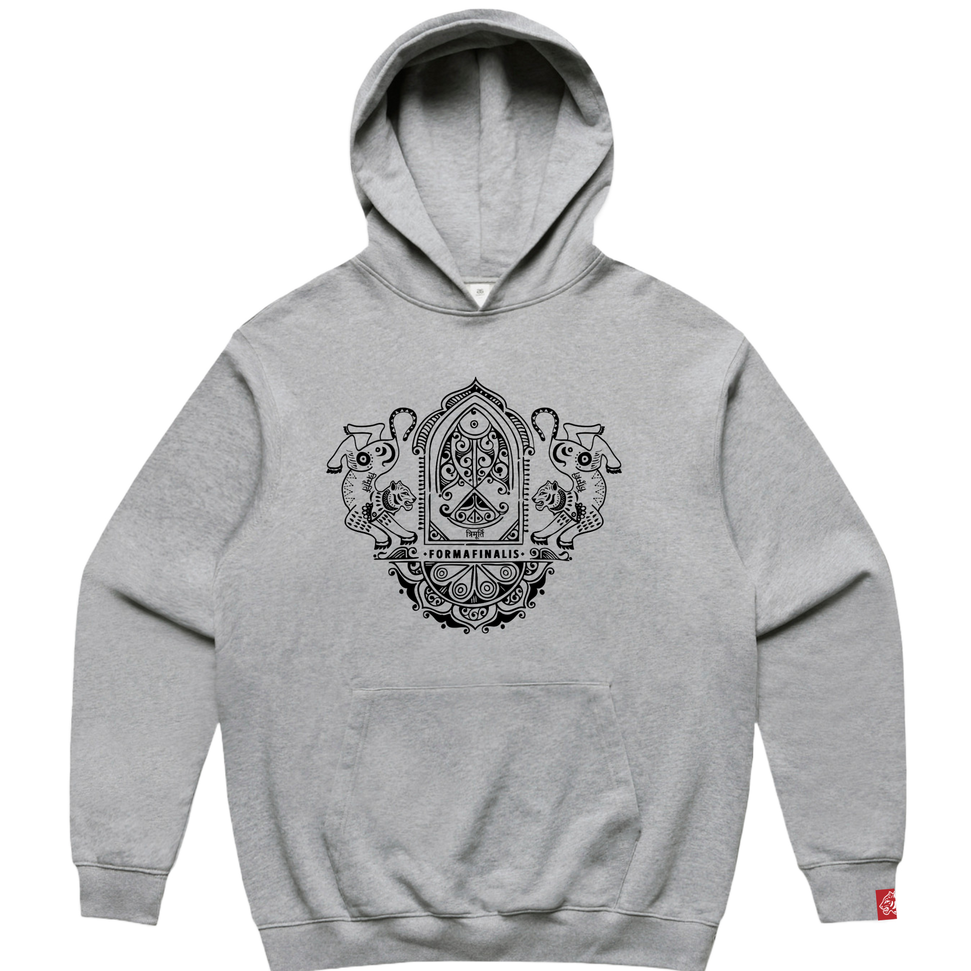 Heavy Weight Cotton Hoodie.  Grey hoodie with black embroidery.  Large embroidered ornate  twin tiger motif on front, discreet FormaFinalis word mark embroidered on back.    