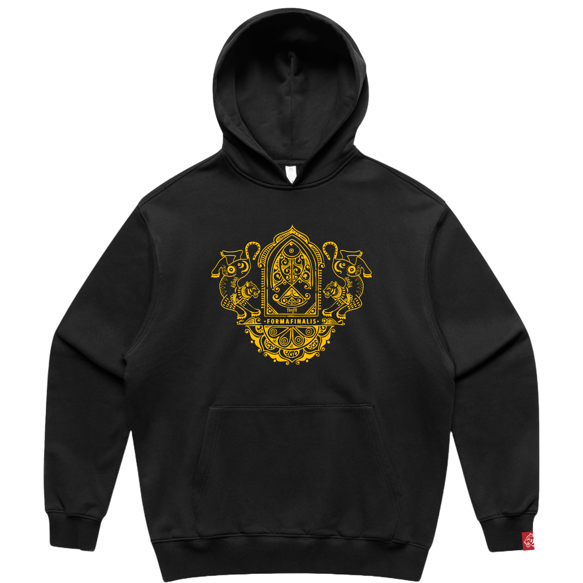 Heavy Weight Cotton Hoodie.  Black hoodie with gold embroidery.  Large embroidered ornate  twin tiger motif on front, discreet FormaFinalis word mark embroidered on back.    