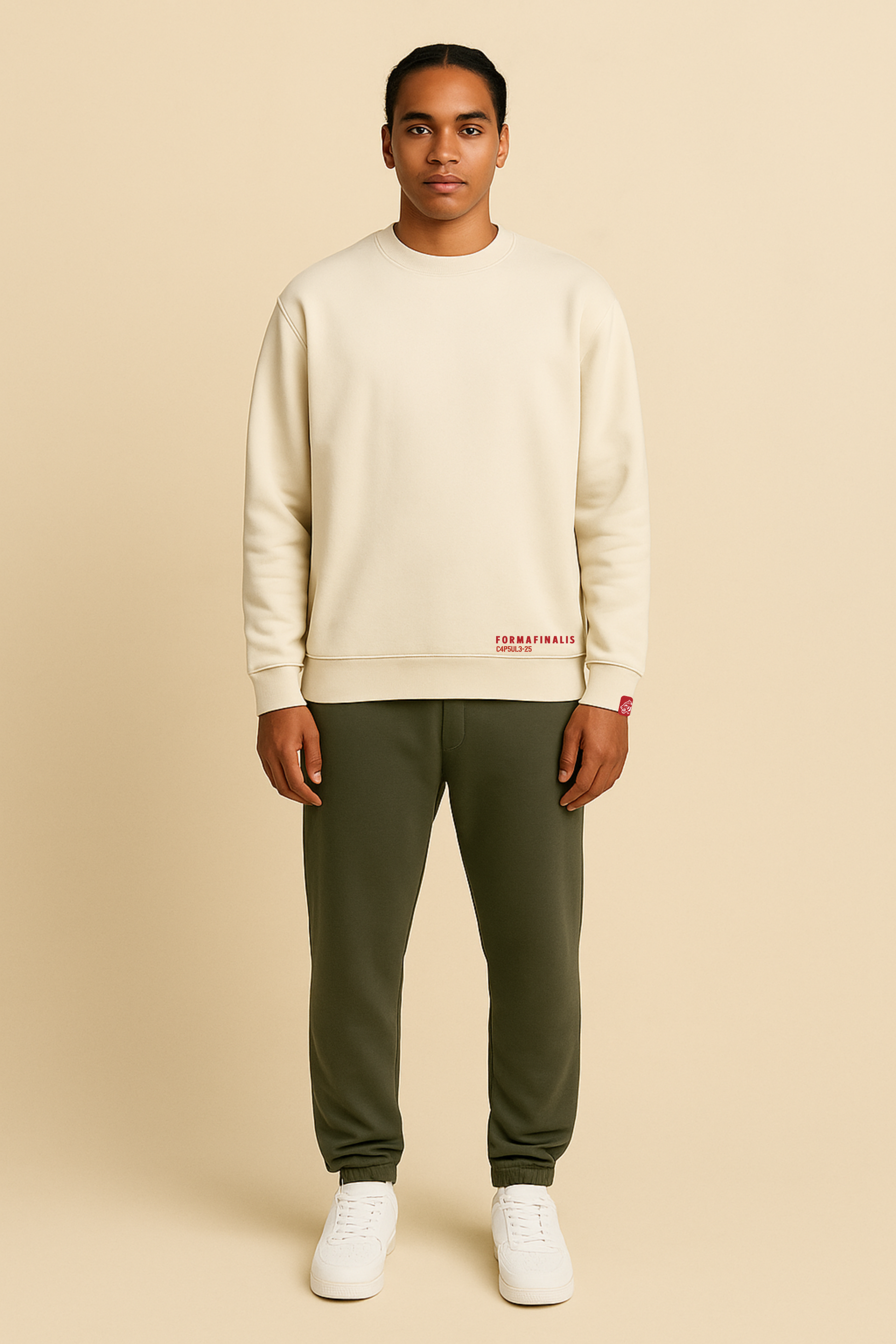 FF Capsule Organic Cotton Mid-weight joggers in Khaki Green paired with complementary FF Capsule Mid-weight Organic Cotton Sweatshirt in Natural Cotton.