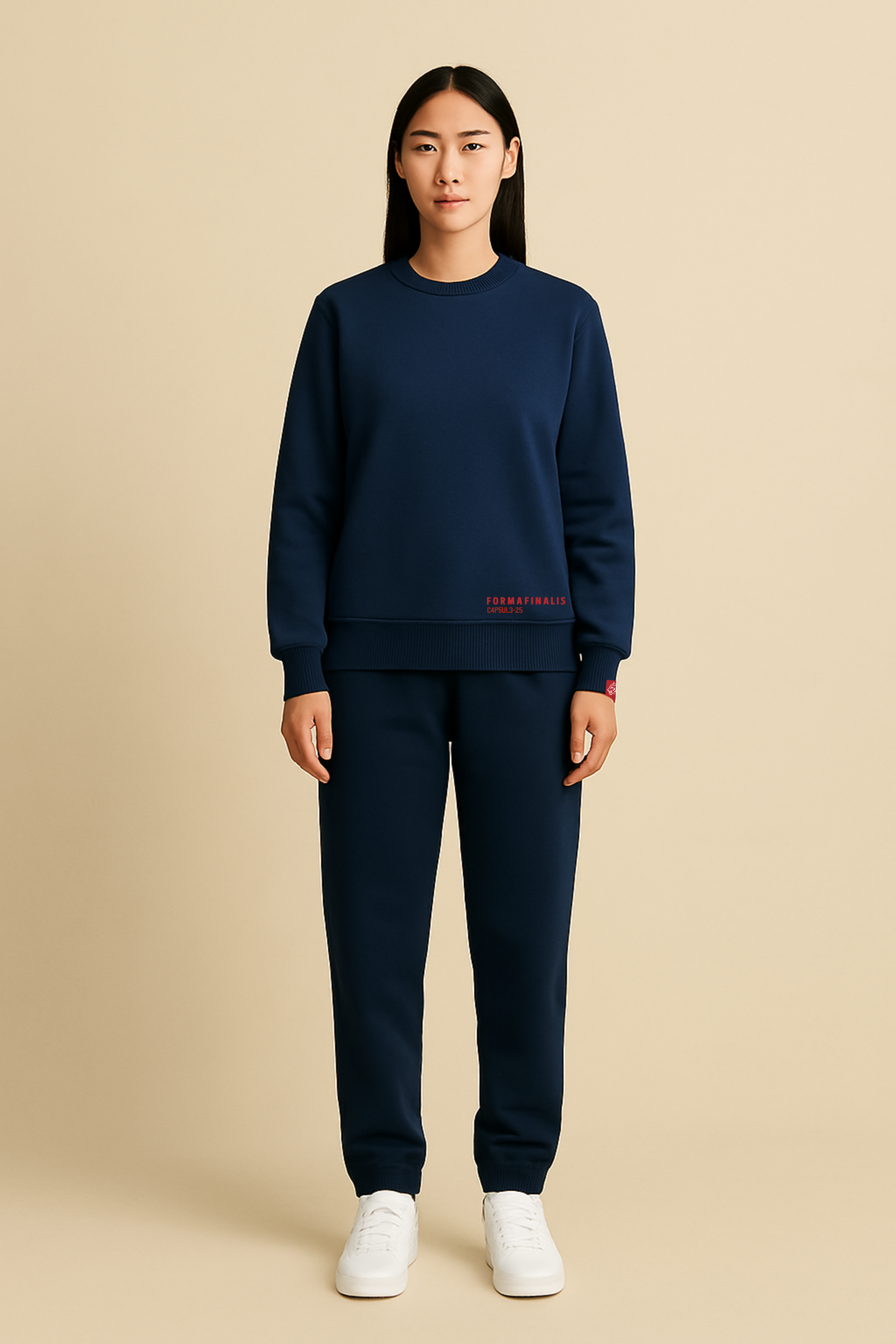 FF Capsule Organic Cotton Mid-weight joggers in navy paired with complementary FF Capsule Mid-weight Organic Cotton Sweatshirt in Nay.