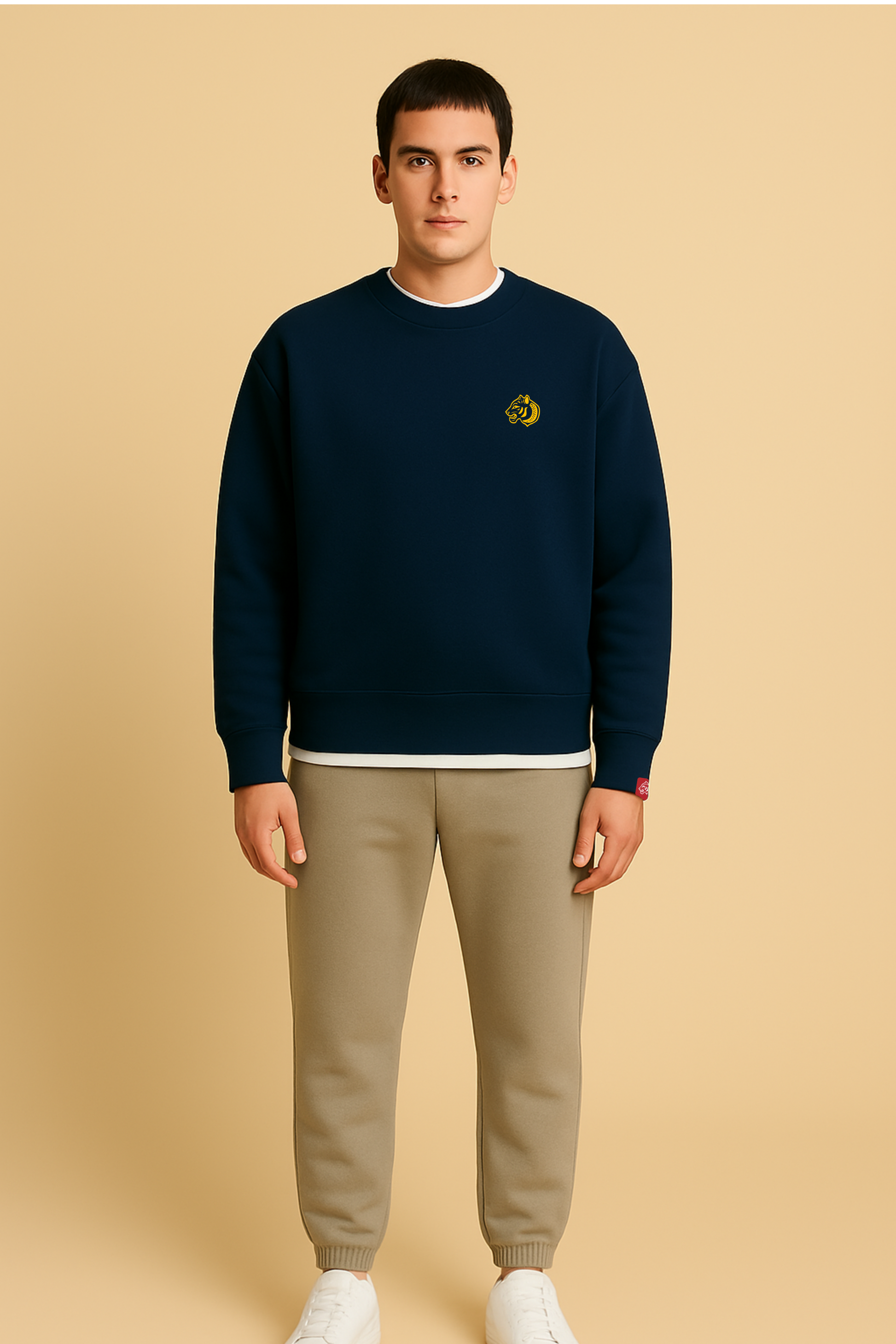 Model wears - Classic Logo Sweatshirt – French Navy – Embroidered Golden Tiger crest front on left chest  – Embroidered FormaFinalis wordmark back neck line
- Oversized Streetwear Crewneck – 440GSM – cotton mix 