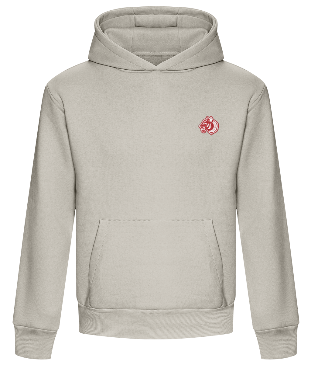 Heavy weight relaxed fit hoodie in Stone.  440GSM heavy weight cotton rich with brushed fleece inner lining.  Embroidered FormaFinalis classic tiger crest front chest.  FormaFinalis word mark on back.