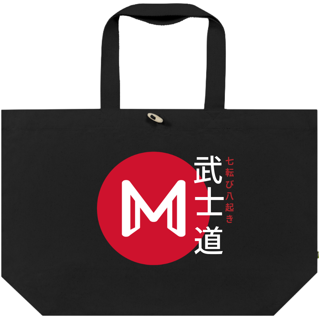Front view: Tote bag with red sun Meiji “M” logo, Bushidō kanji, and Japanese proverb text