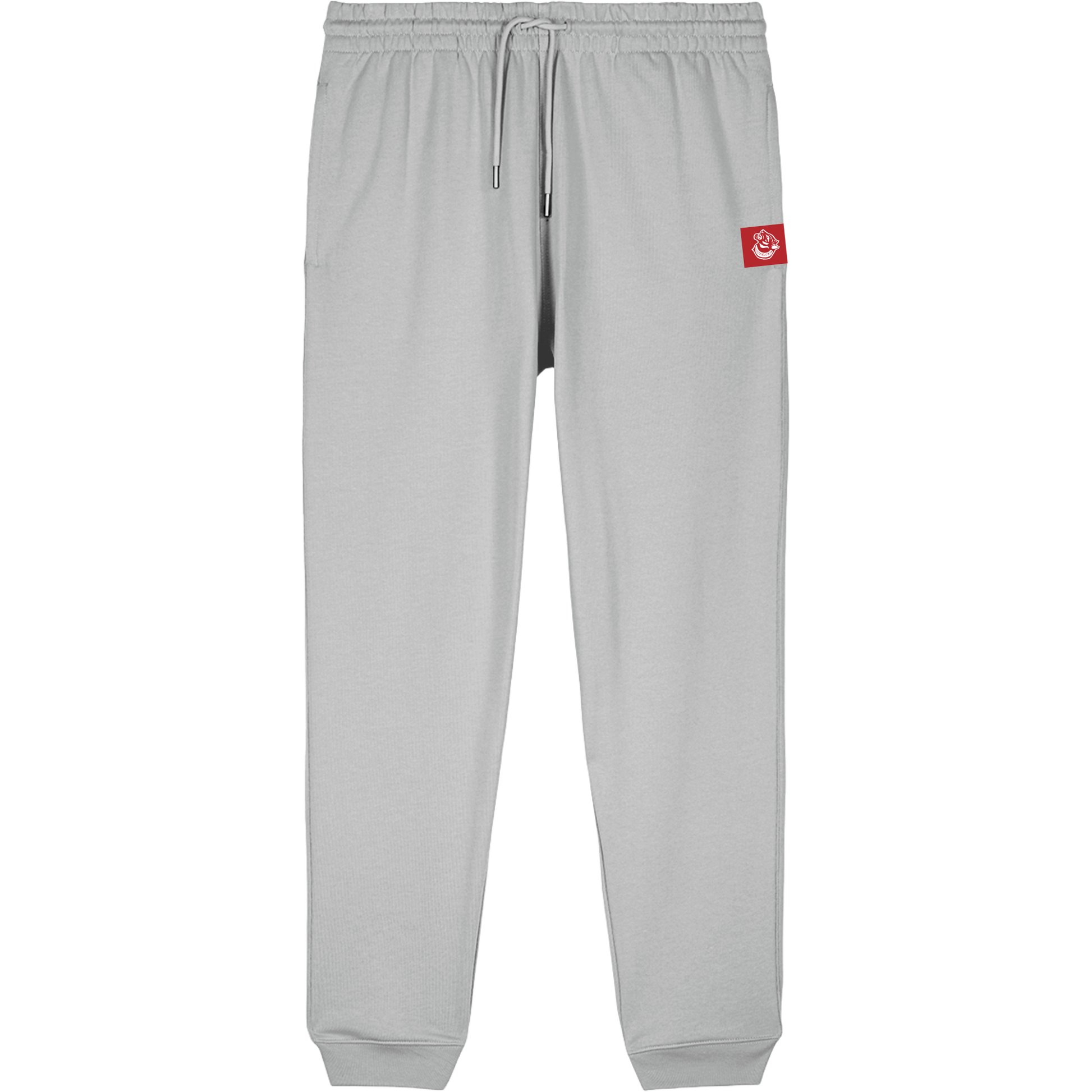 heather Grey FF Capsule cuffed joggers showing rear welt pocket and metal-tipped drawcord, embodying minimalist streetwear.  Organic Cotton 320GSM mid-heavy weight.  