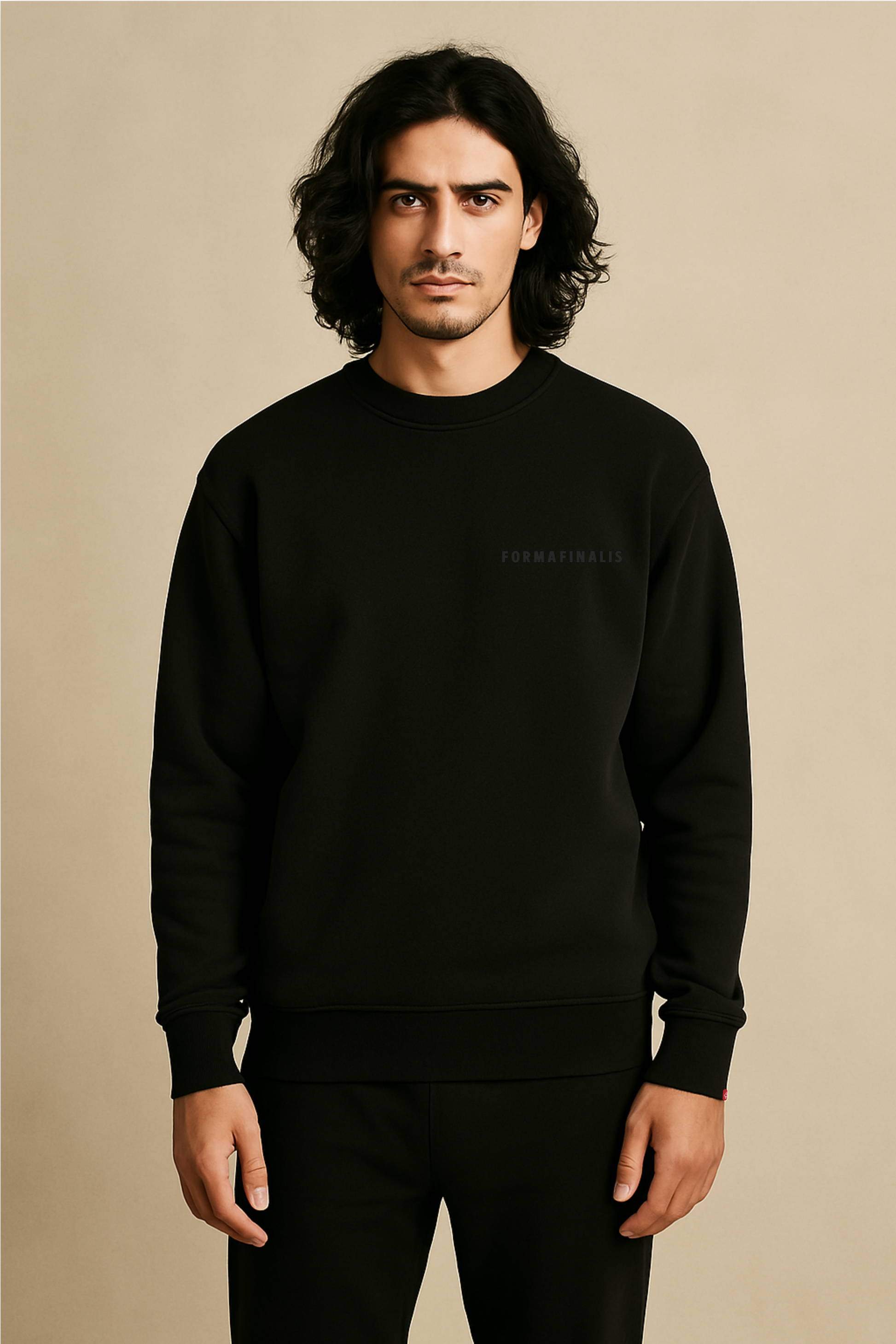 Model wears FF Capsule Heavy-weight Cotton Crew Neck Sweatshirt in Deep Black.  FormaFinalis tonal embroidery wordmark with discreet embroided tiger head logo tag on sleeve. 