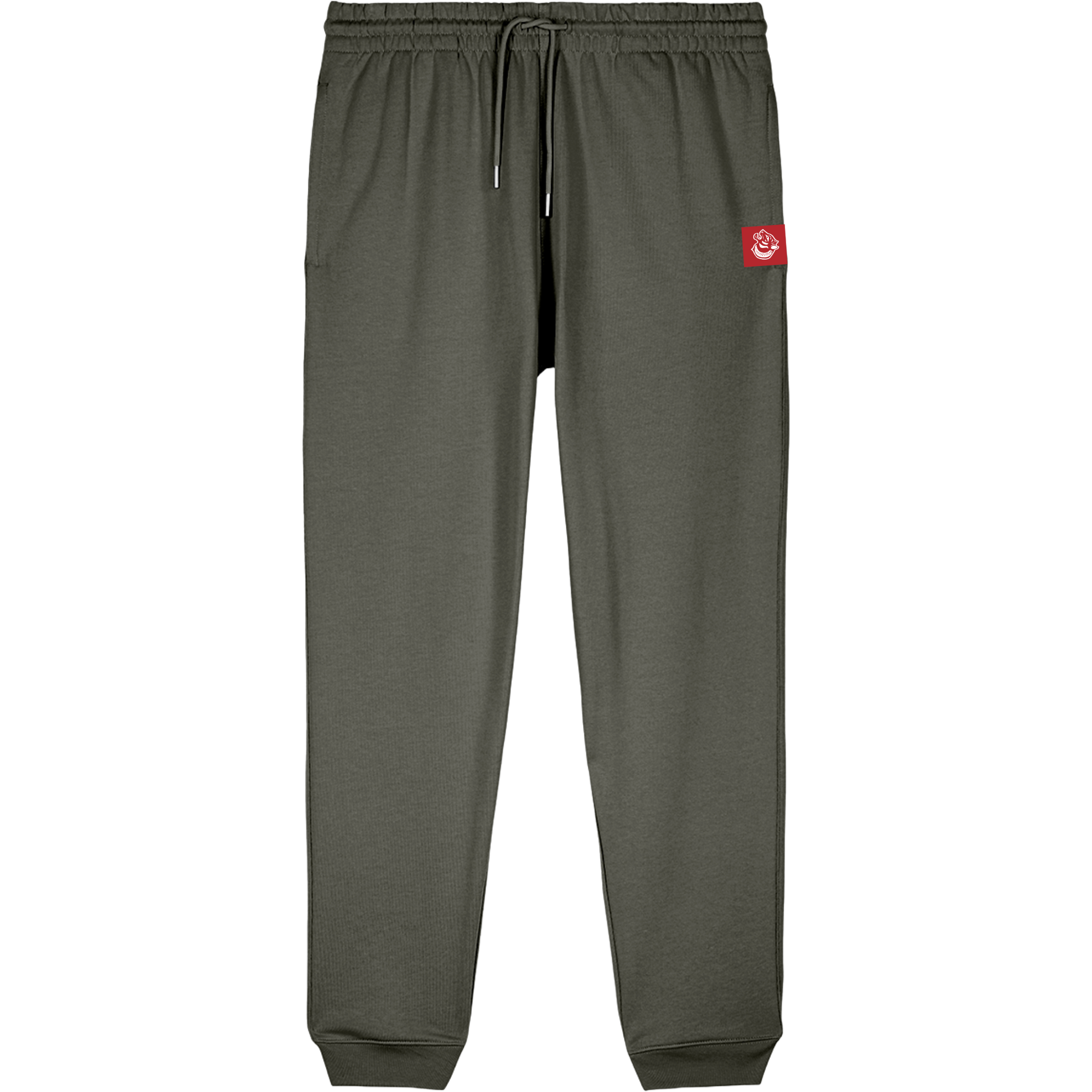 Khaki Green FF Capsule cuffed joggers showing rear welt pocket and metal-tipped drawcord, embodying minimalist streetwear.  Organic Cotton 320GSM mid-heavy weight.  