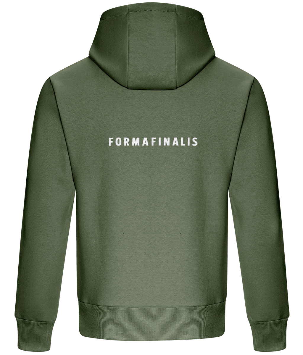 Khaki Green heavy weight oversized hoodie with a logo on the chest and FormaFinalis word-mark embroidered on back