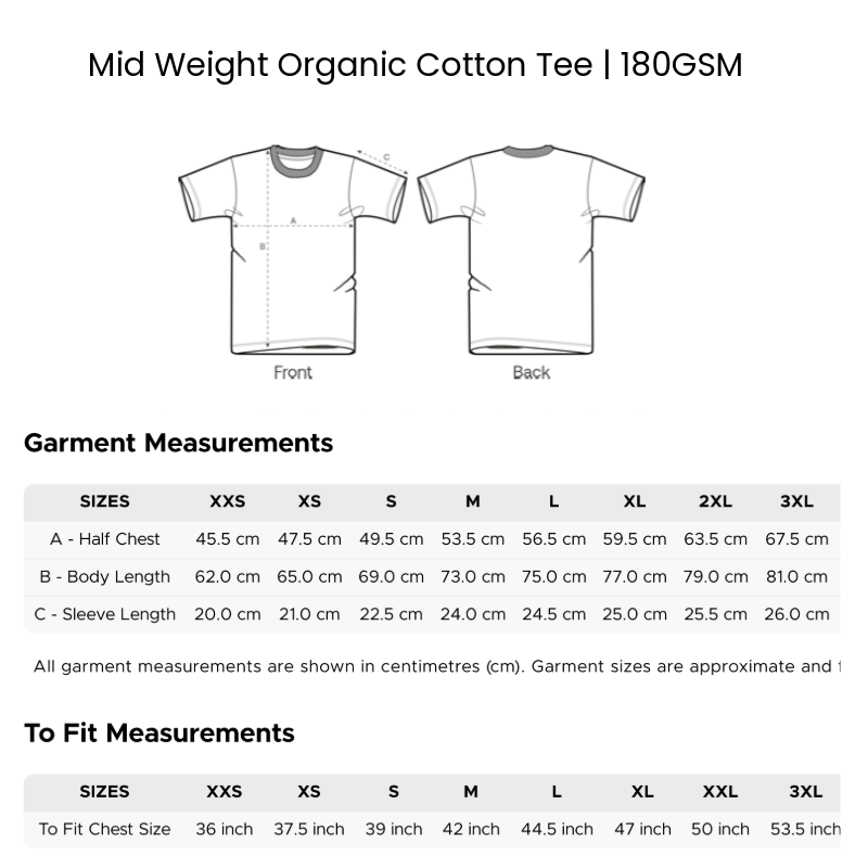 Mid Weight Medium Fit Organic Cotton tee Size chart