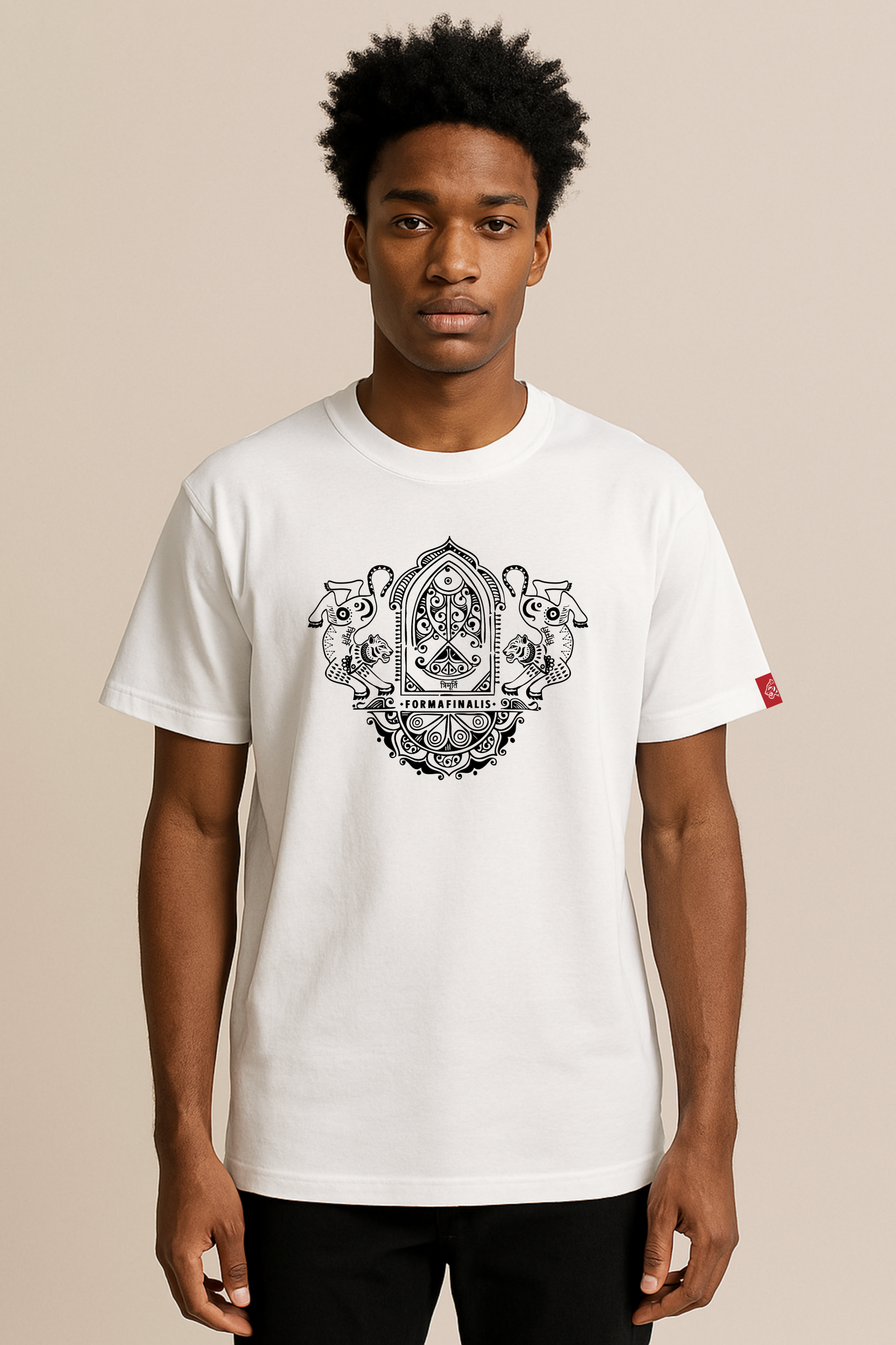 Model wears large Ornate Twin Tiger Graphic print. Premium T-Shirt – White – Heavyweight 240GSM Unisex Organic Cotton Streetwear Tee by FormaFinalis.  Embroided Tiger logo left sleeve. Model is 6'0" and wears a size large.