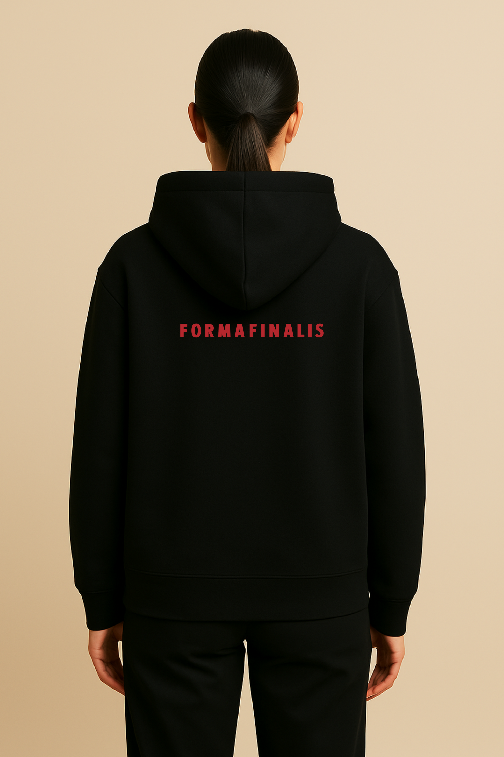 Model wears Heavy weight relaxed fit hoodie in deep black.  440GSM heavy weight cotton rich with brushed fleece inner lining.  Embroidered FormaFinalis classic tiger crest front chest.  FormaFinalis word mark on back.