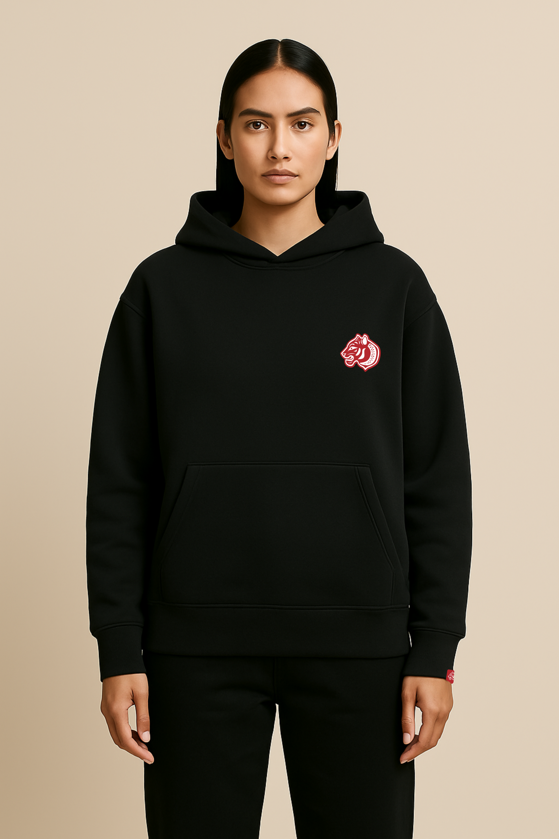 Model wears Heavy weight relaxed fit hoodie in deep black.  440GSM heavy weight cotton rich with brushed fleece inner lining.  Embroidered FormaFinalis classic tiger crest front chest.  FormaFinalis word mark on back.