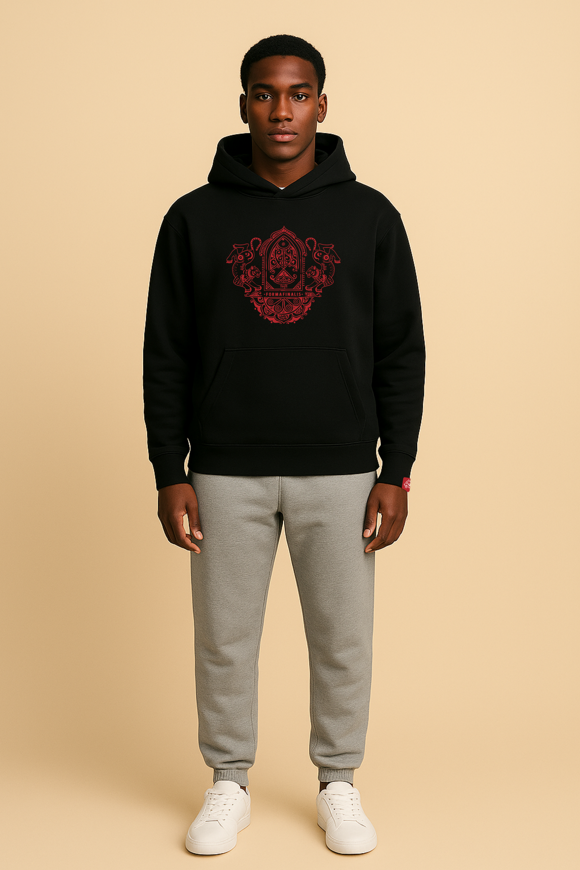 Model wears Heavy Weight Cotton Hoodie with large embroidered ornate  twin tiger motif on front, discreet FormaFinalis word mark embroidered on back.   Black oodie with red embroidery