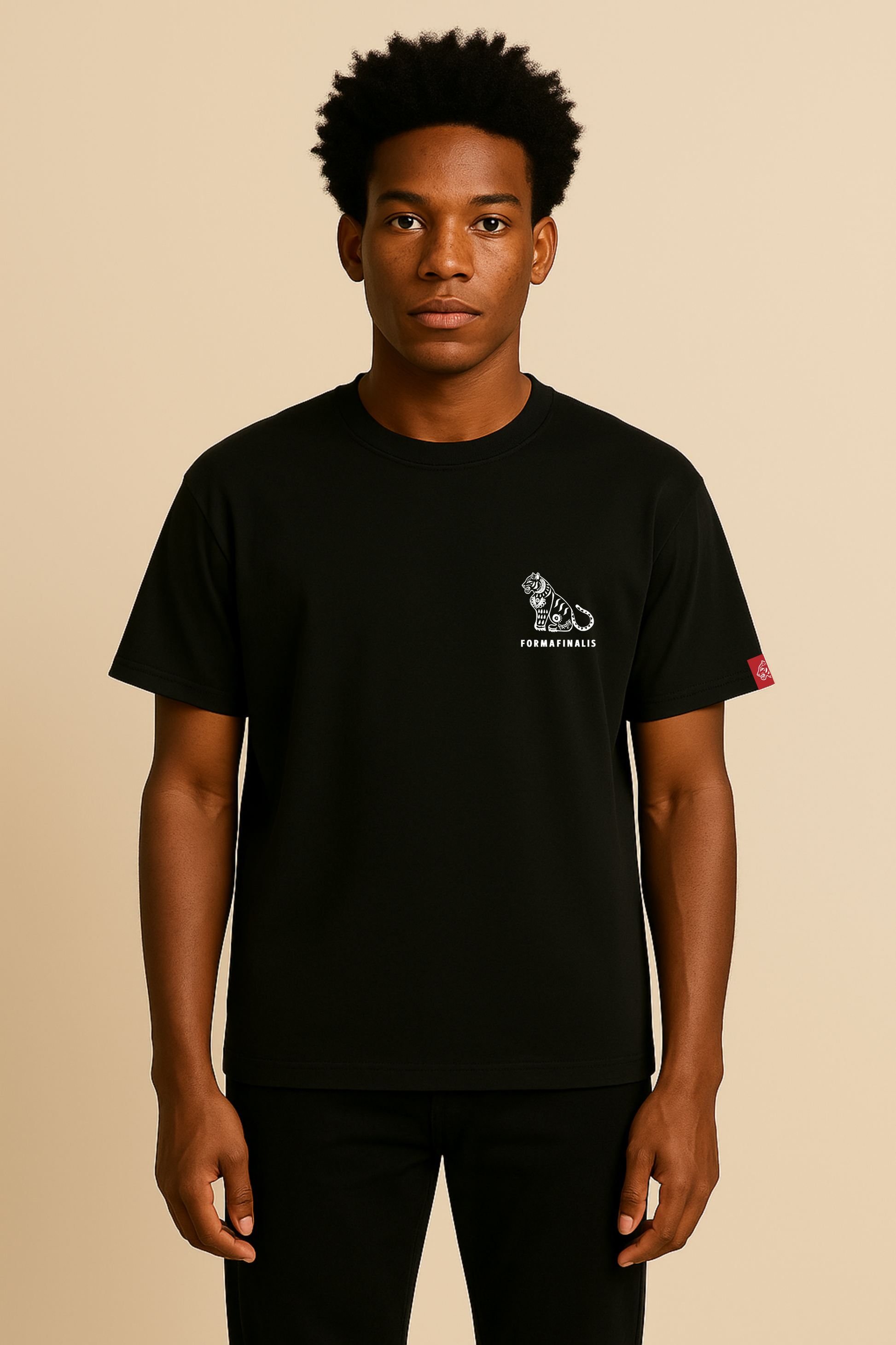 Model wears Tiger Signature Everyday Tee in Deep Black.  Mid- weight 180GSM organic cotton, fits true to size.  Built for everyday comfort and movement. Ideal as a standalone or for layering.  Embroided Tiger Logo on sleeve.   Model is 6'0" and wears a size large.