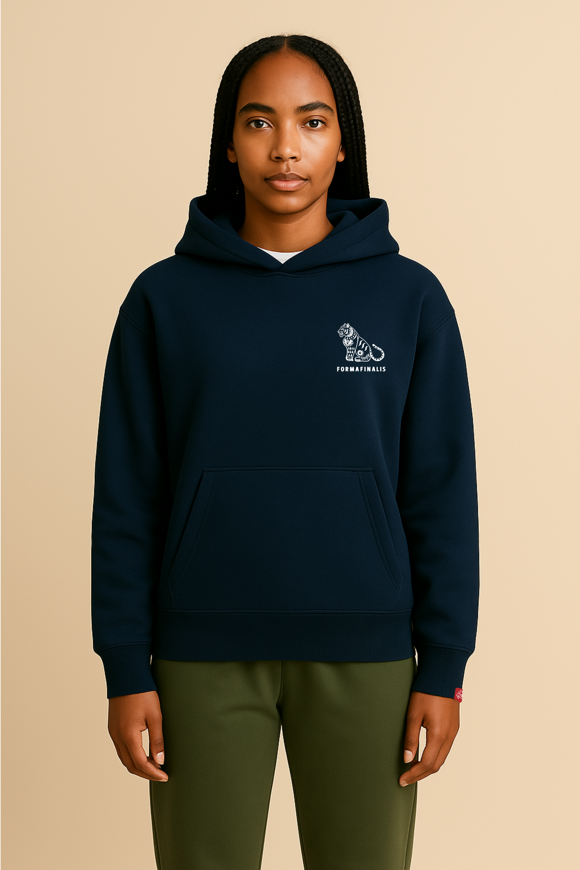 Model wears French navy heavy weight oversized hoodie with a logo on the chest and FormaFinalis word-mark embroidered on back