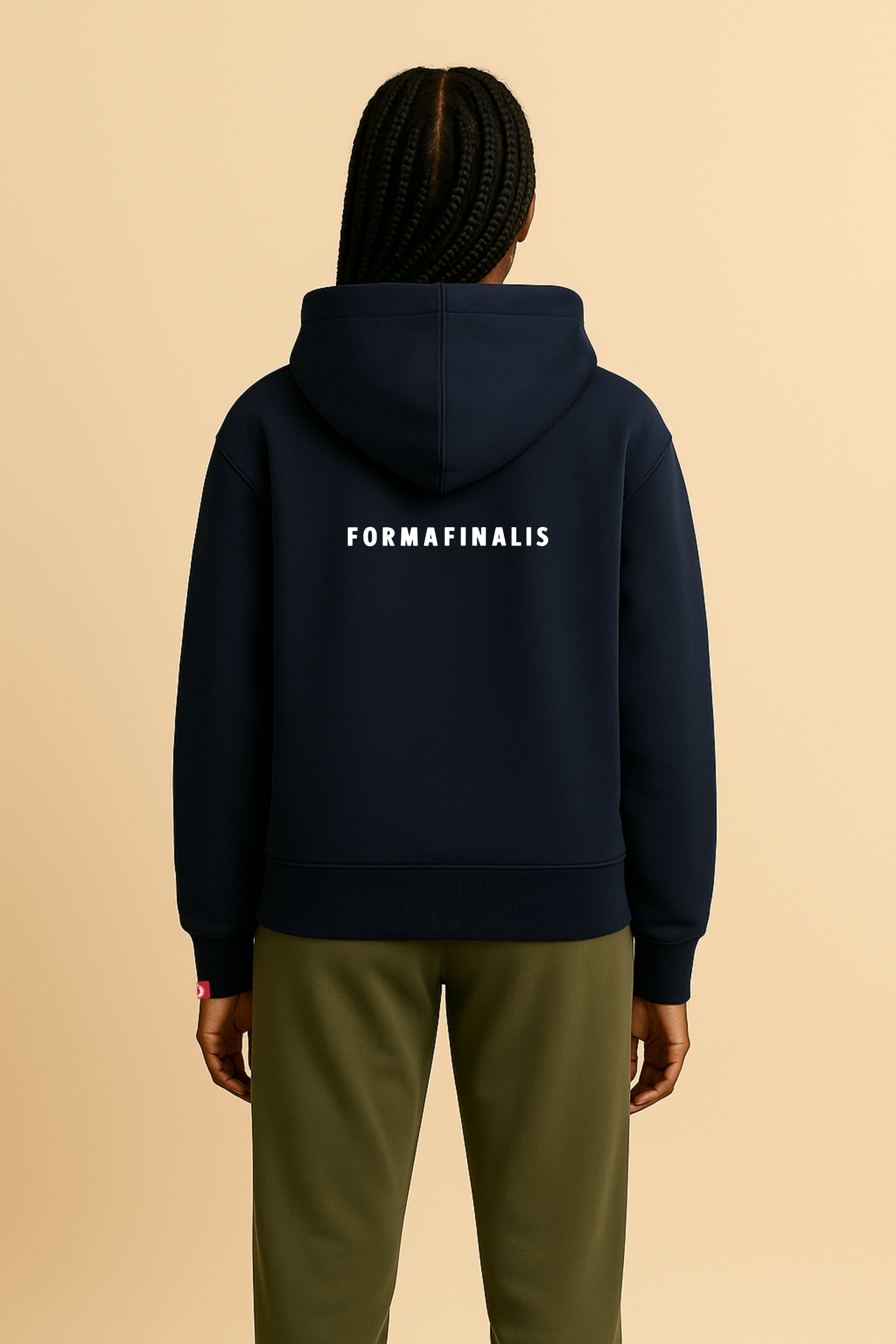 Model wears French navy heavy weight oversized hoodie with a logo on the chest and FormaFinalis word-mark embroidered on back