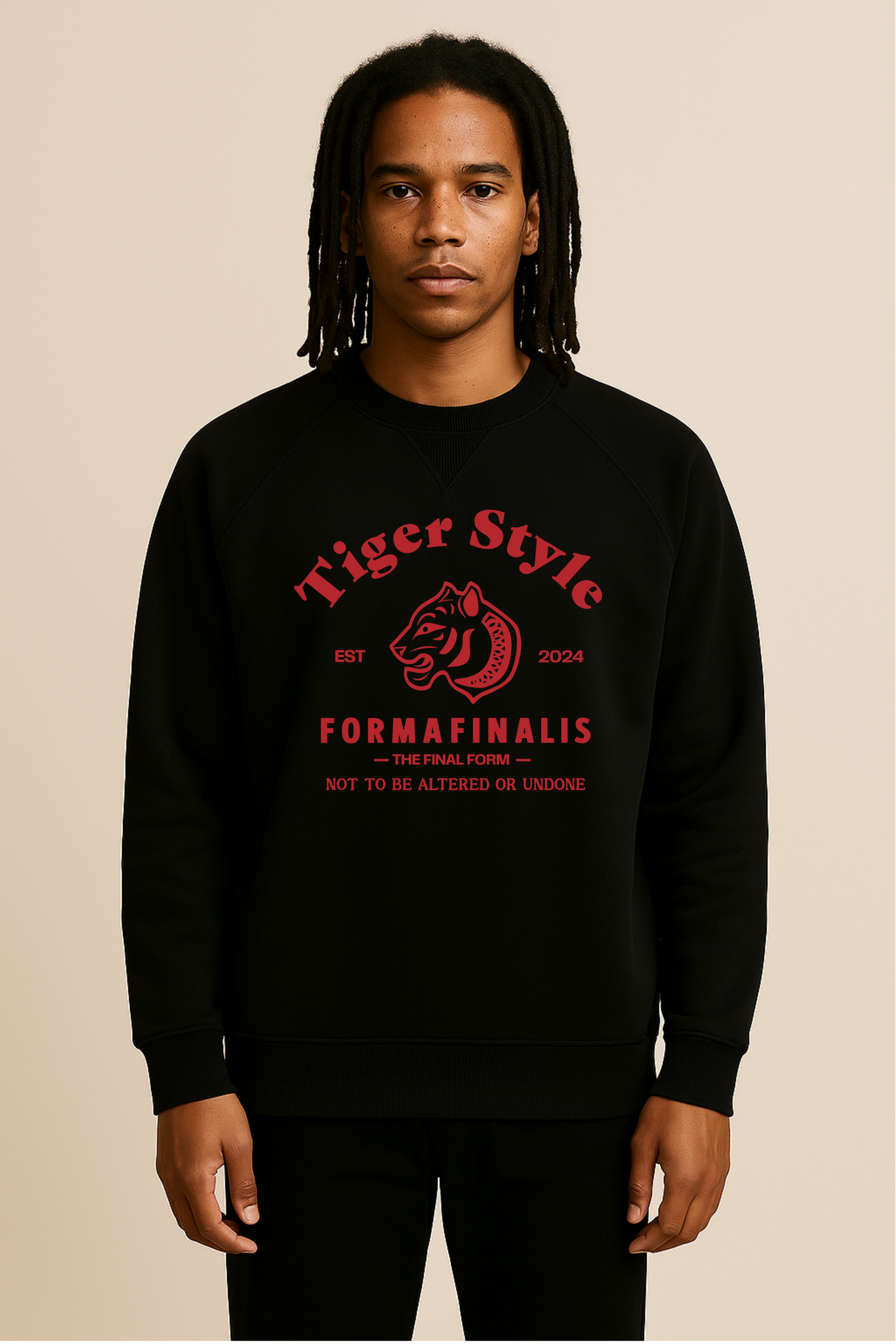 Tiger Style Premium Retro Sweatshirt – Black with bold retro inspired tiger graphic front panel.  soft brushed organic cotton, heavy weight.  