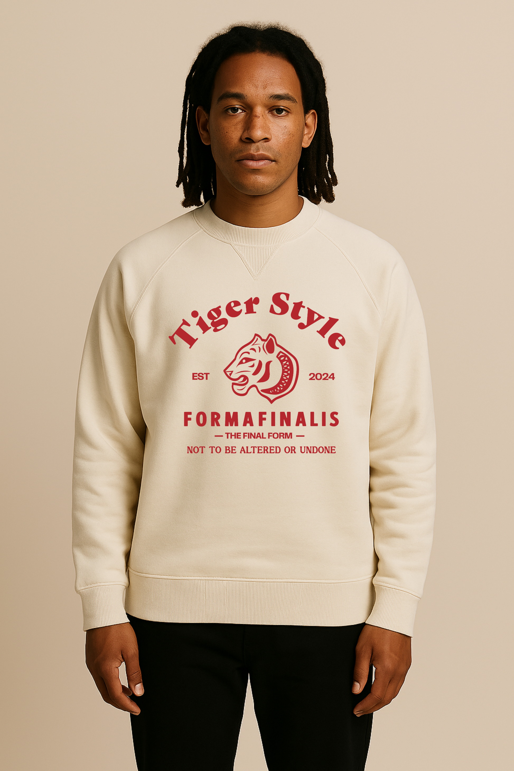 Model wears Tiger Style Premium Retro Sweatshirt – Natural cotton.  Relaxed fit 400GSM, brushed organic cotton. 