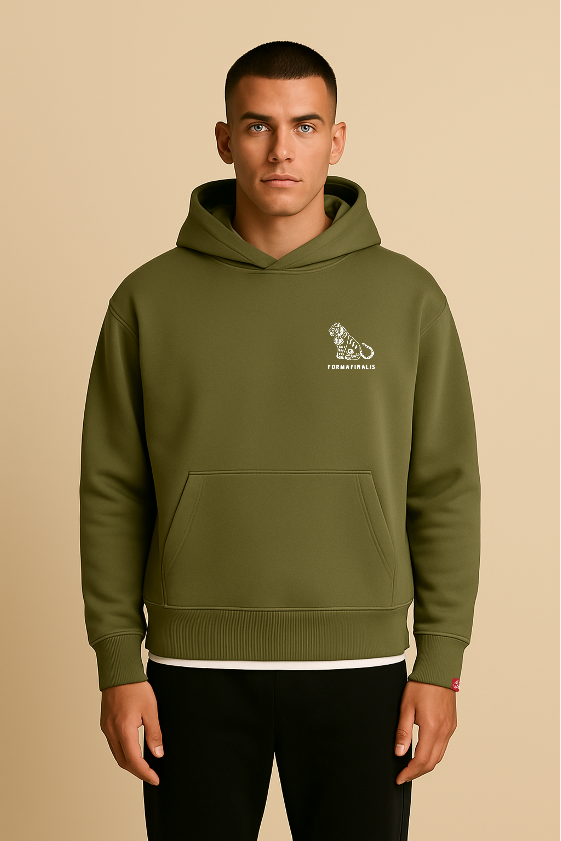 Model wears Khaki Green heavy weight oversized hoodie with a logo on the chest and FormaFinalis word-mark embroidered on back
