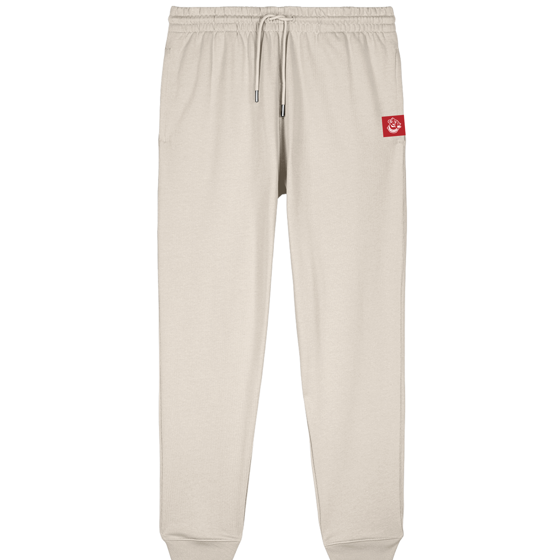 Natural Raw Cotton in its purest form.  Untreated, undyed  and naturally distinctive FF Capsule cuffed joggers showing rear welt pocket and metal-tipped drawcord, embodying minimalist streetwear.  Organic Cotton 320GSM mid-heavy weight.  