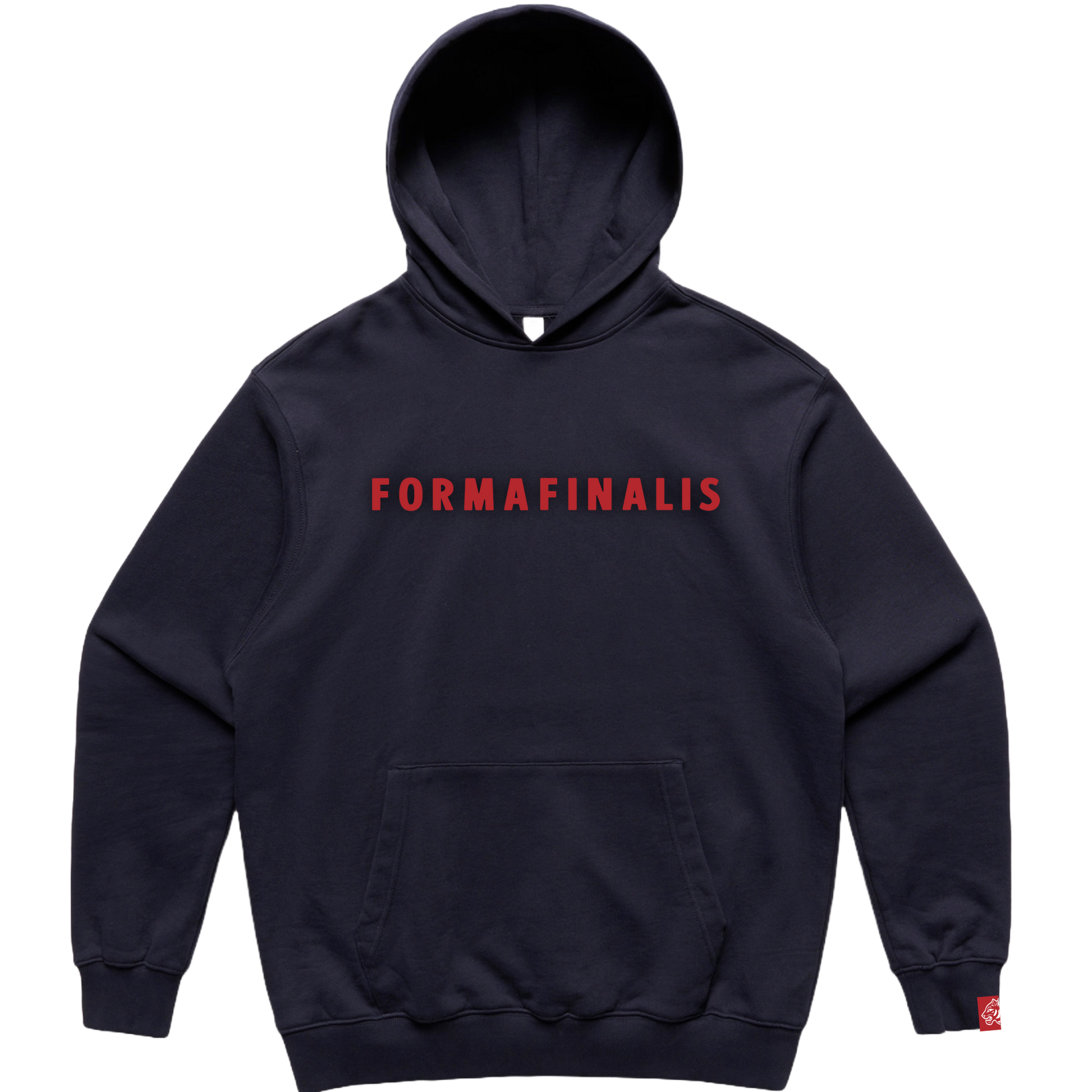 “SS25 FormaFinalis heavy hoodie in French Navy – oversized pullover, contrasting wordmark embroidery accross chest, knit cuffs and hem, discreet embroided tiger head logo on sleeve.

